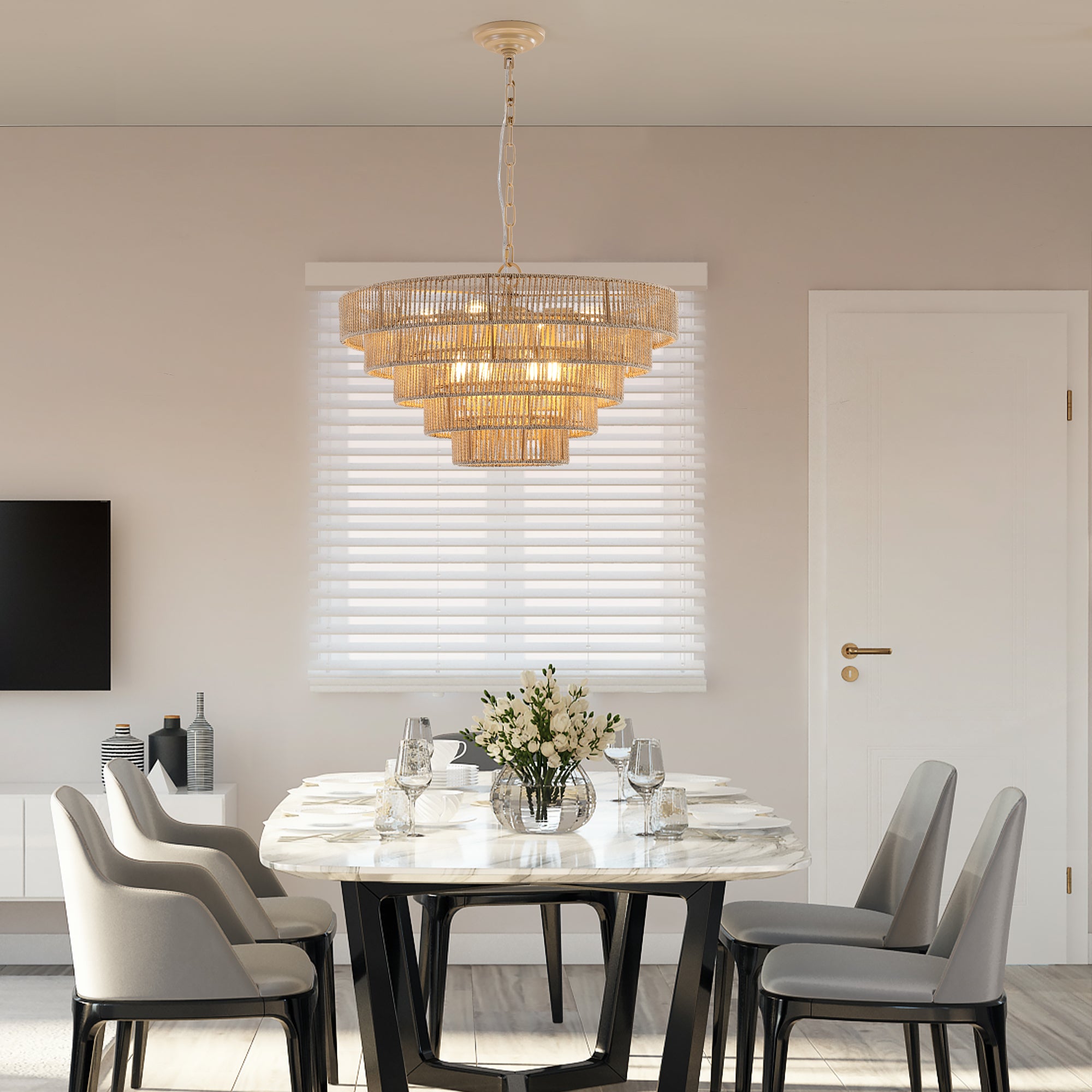 5-Tier Rattan Pendant Light with Round Metal Frame