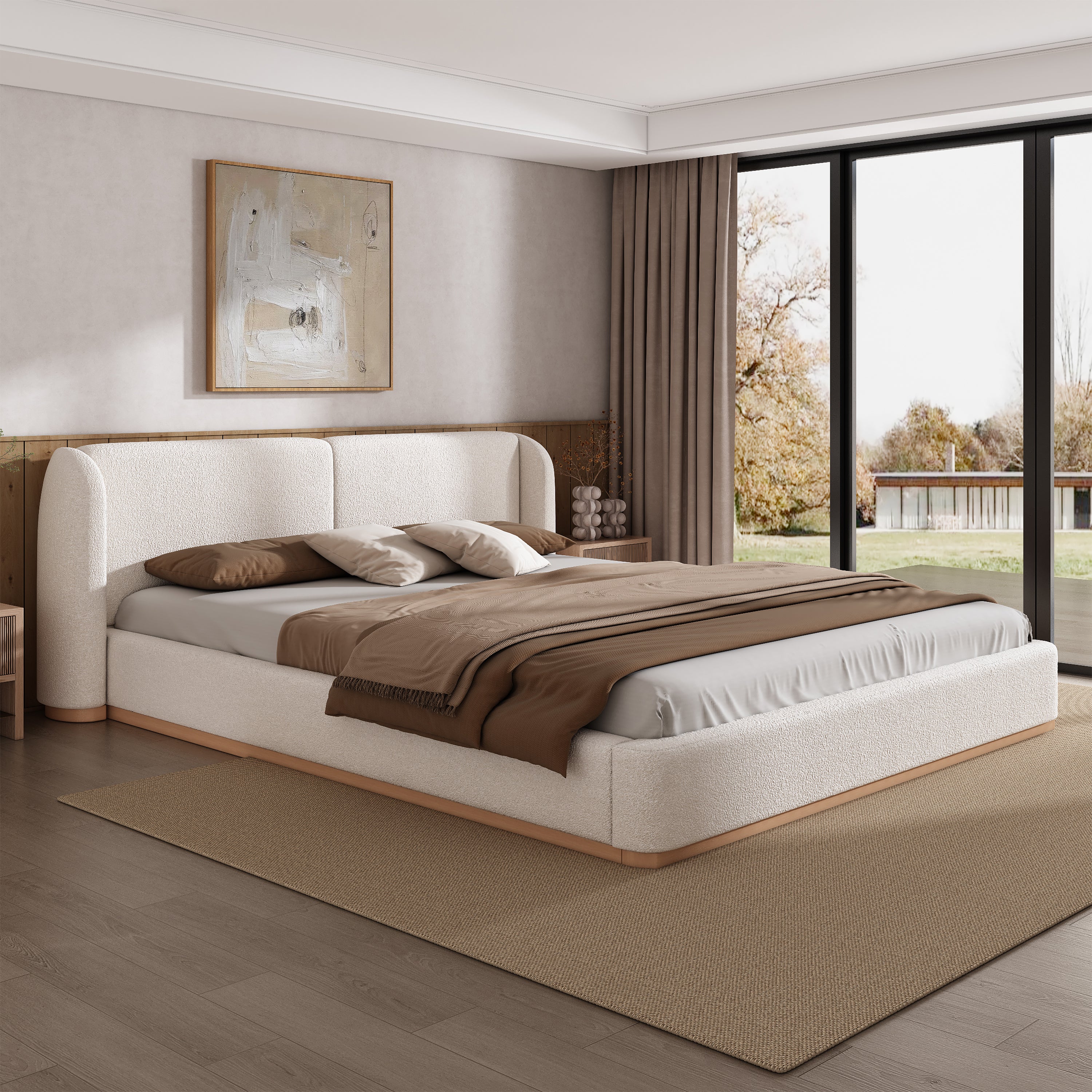 Bed Frame with Boucle Upholstered Wingback Headboard