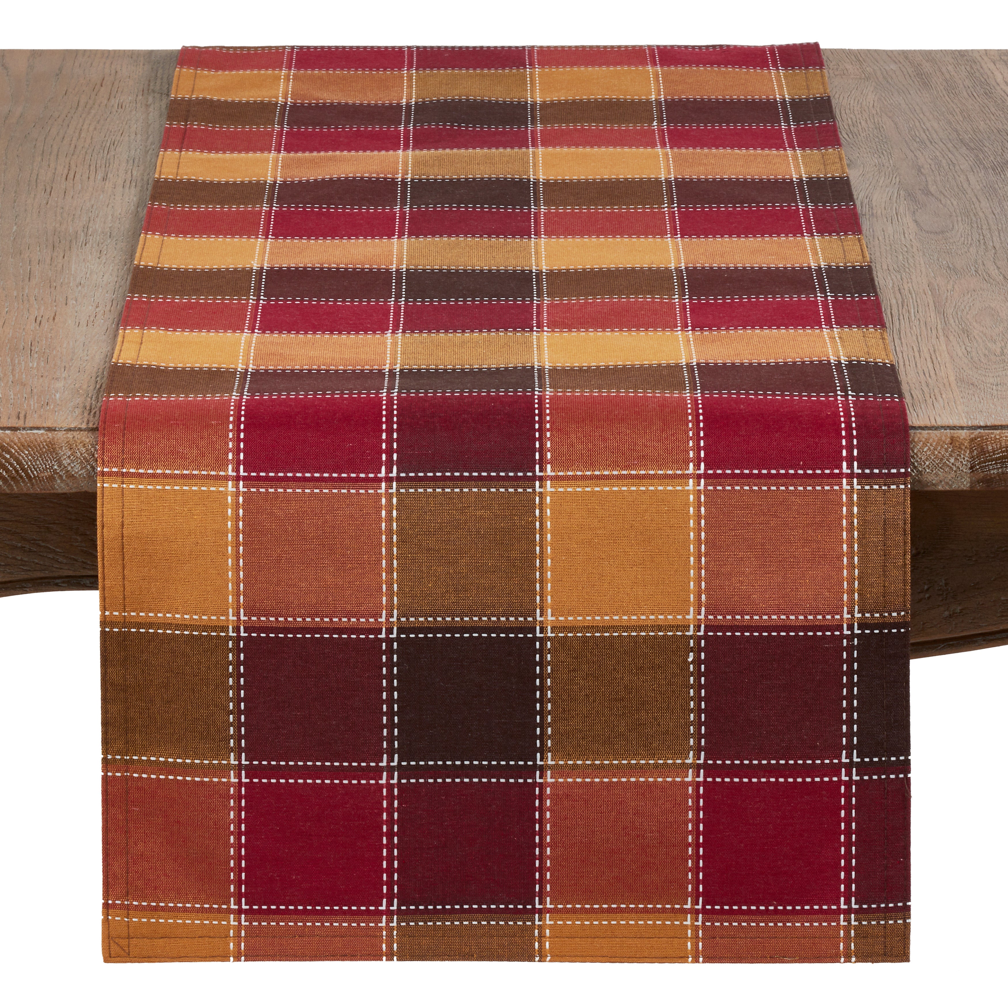 Cotton And Poly Blend Table Runner With Stitched Plaid Design