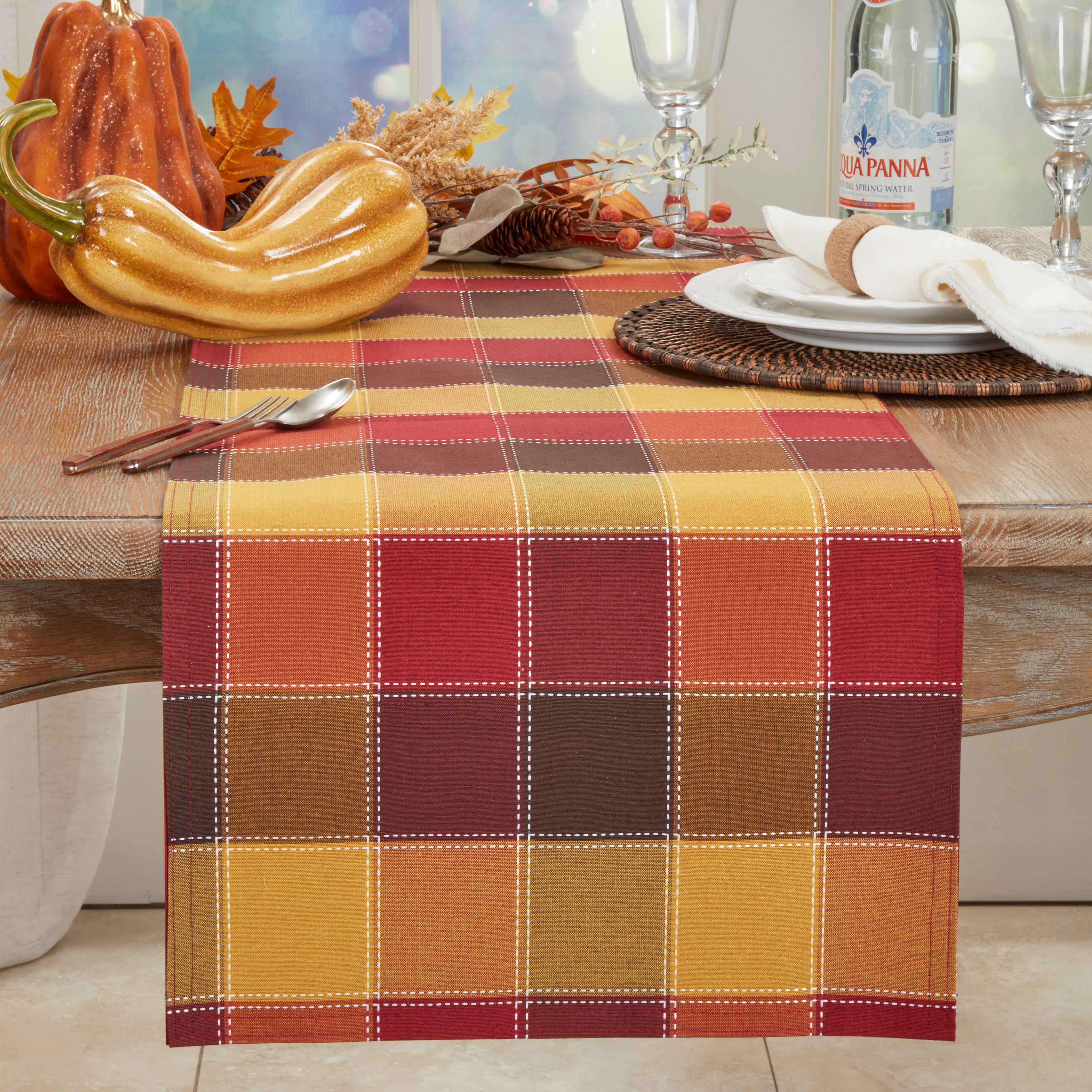 Cotton And Poly Blend Table Runner With Stitched Plaid Design