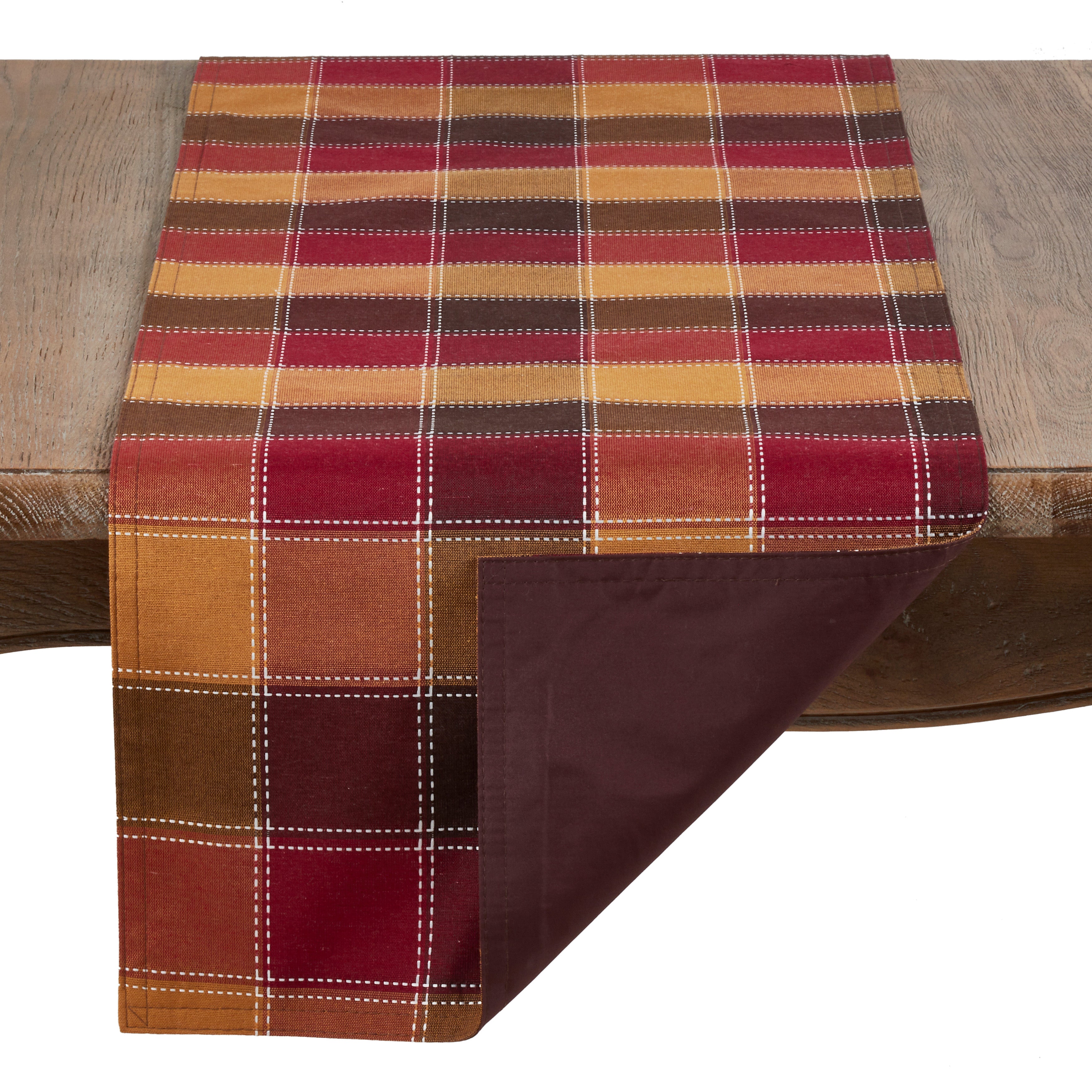 Cotton And Poly Blend Table Runner With Stitched Plaid Design