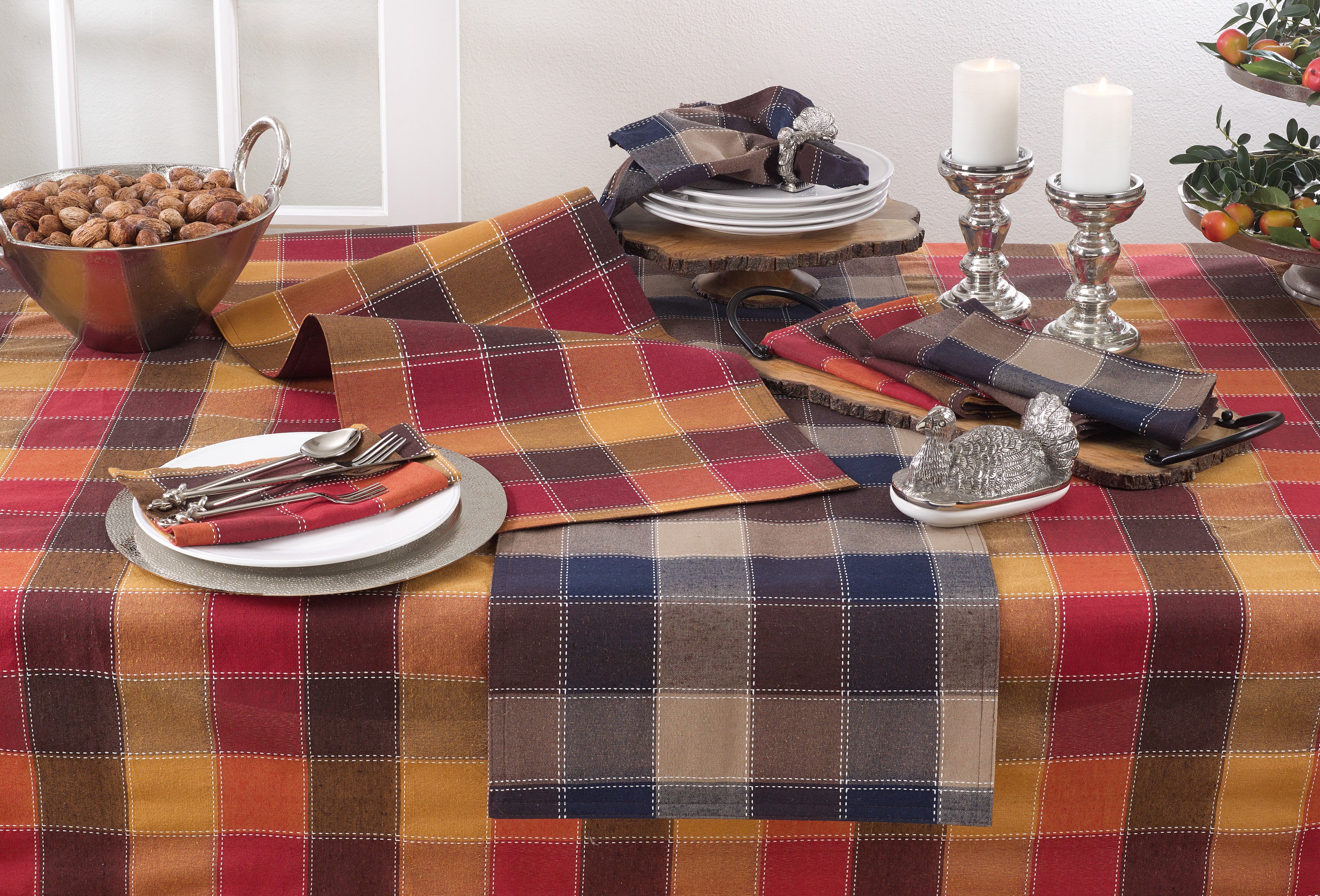 Cotton And Poly Blend Table Runner With Stitched Plaid Design
