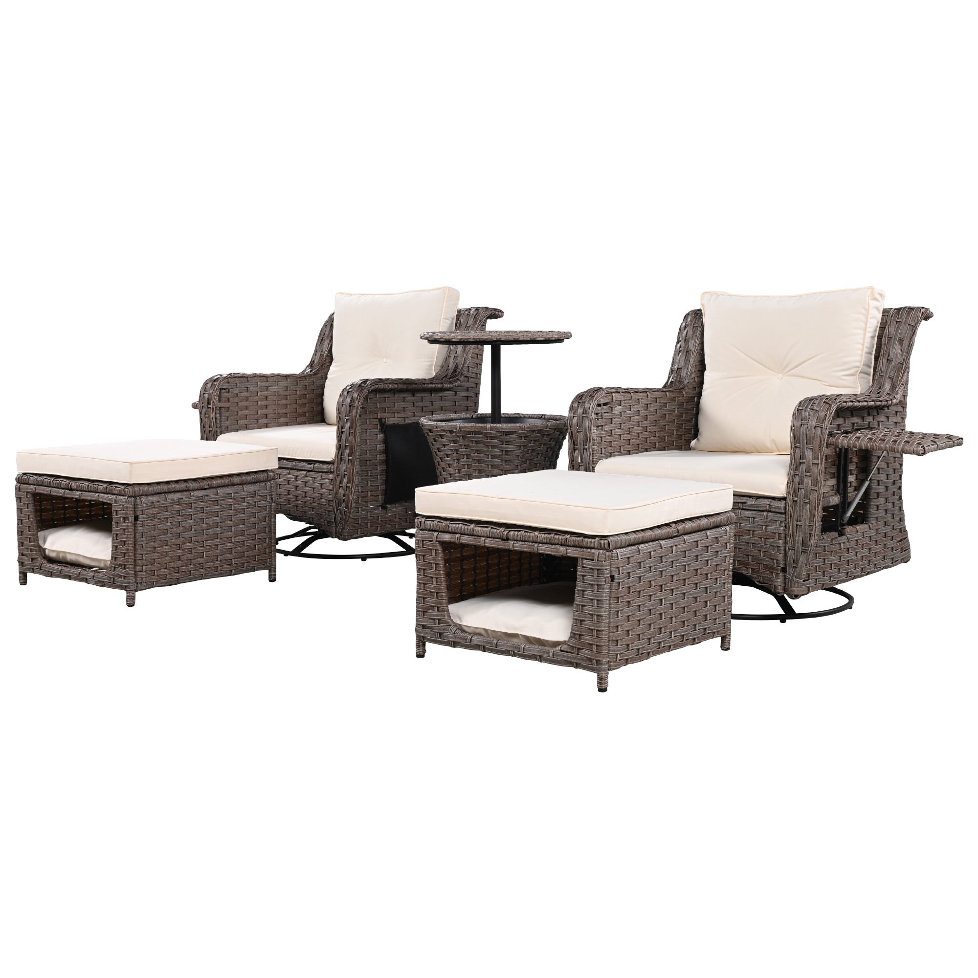 5-Piece Patio Set with Bar Table, 2 Swivel Chair and 2 Ottomans
