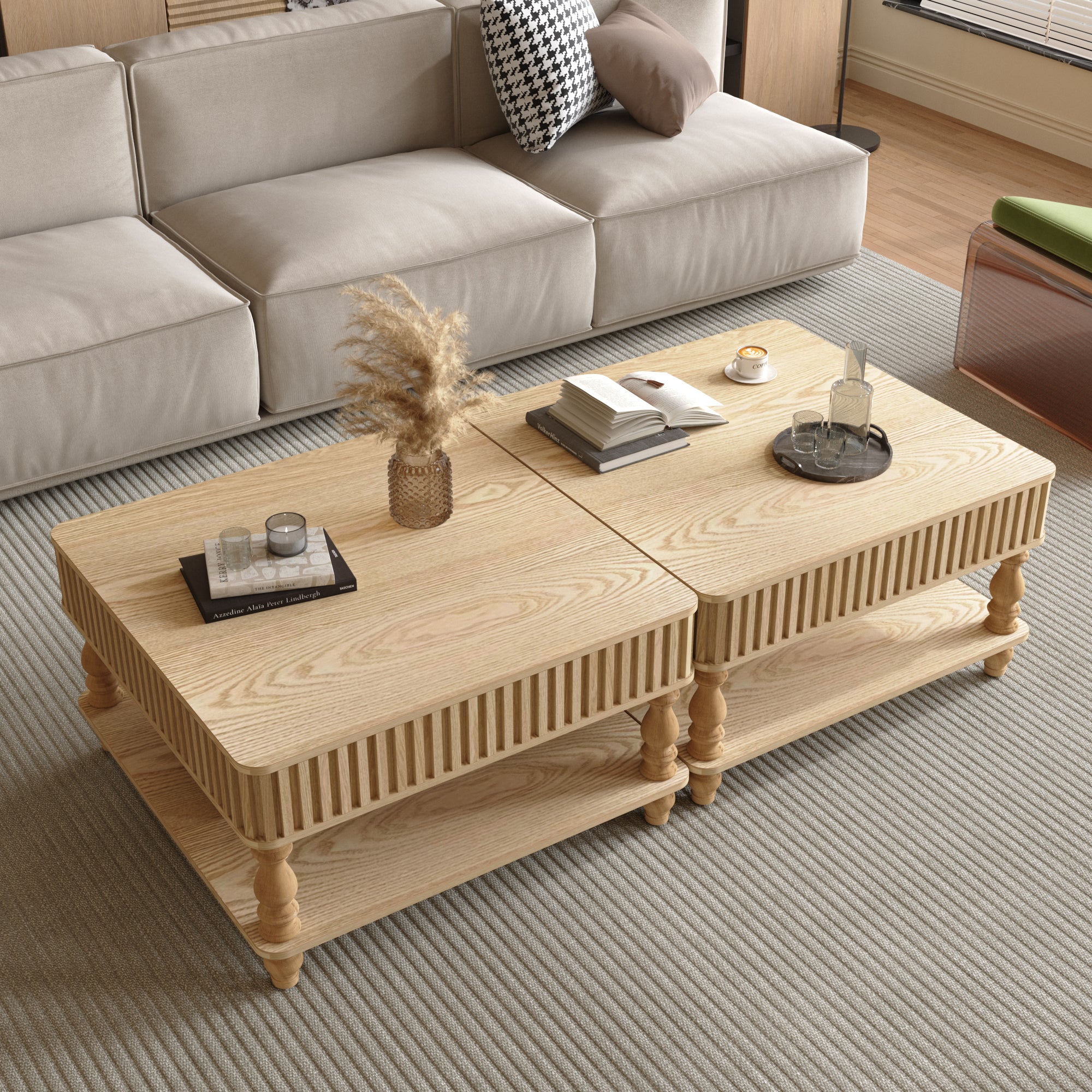 Square Fluted Lift-Top Coffee Table with Hidden & Open Storage