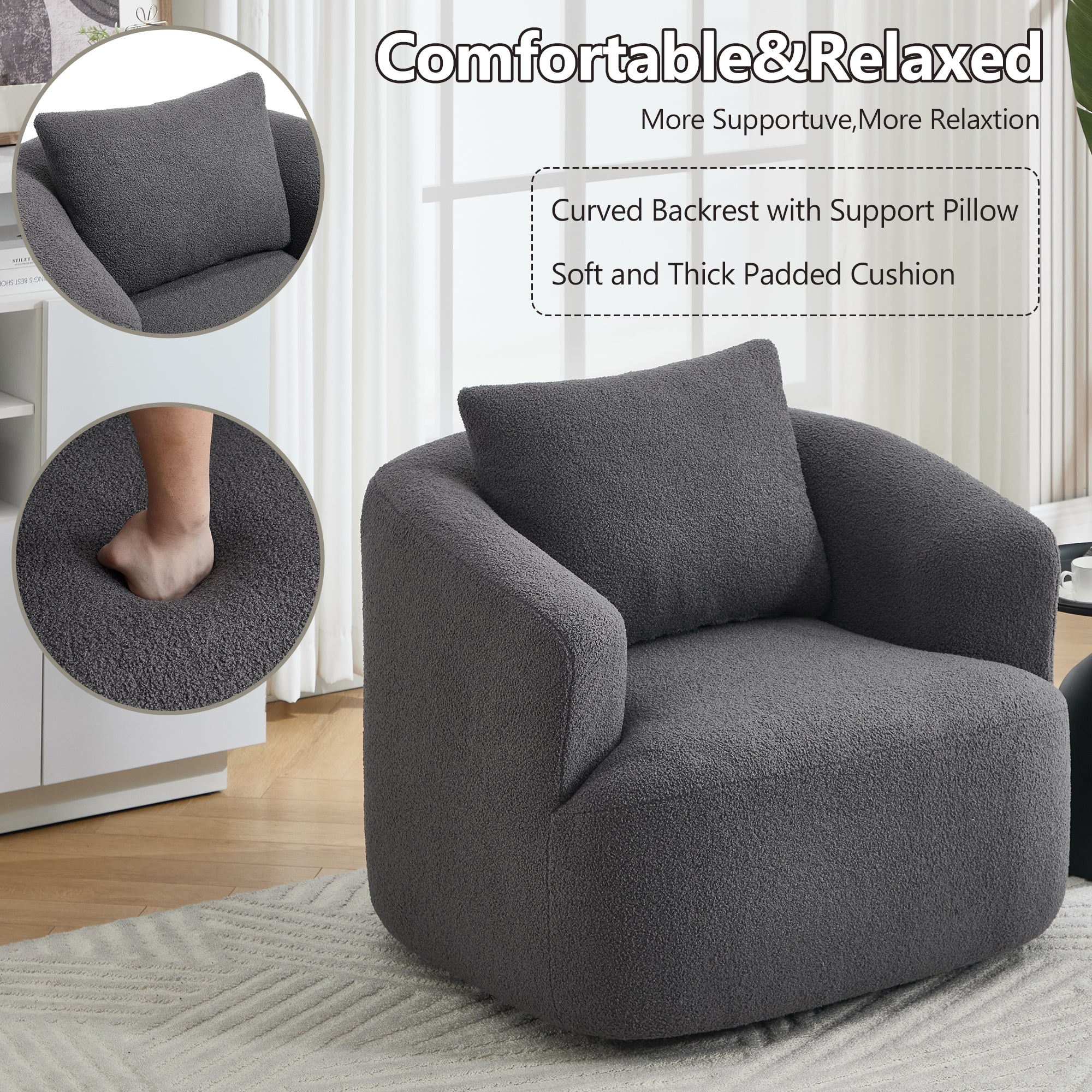 Teddy Fleece 360° Swivel Round Upholstered Comfy Accent Chair With Pillow