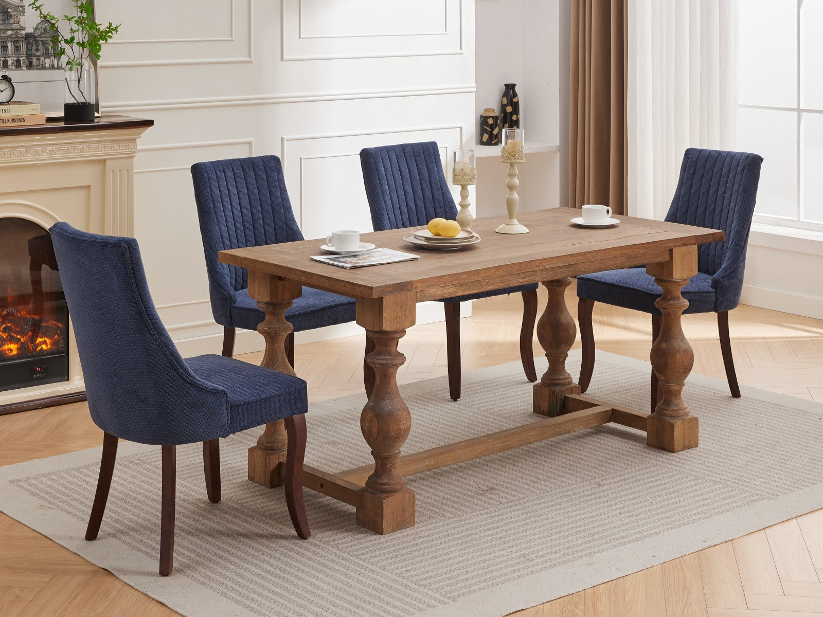 Rayon Cloth Flocking Linen Dining Chairs Channel Kitchen Dinner Chair Comfy Fabric Upholstered Accent Chair for Dining Room with Curved Solid Wood Legs,Set of 2 (Blue), SW1847BL