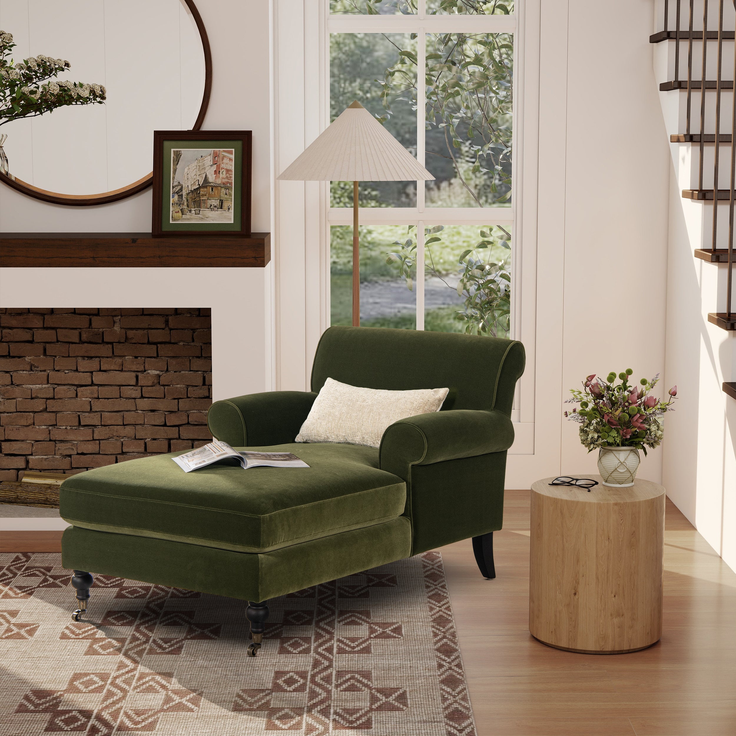 Velvet Chaise Lounge with Metal Caster and Rolled Arms