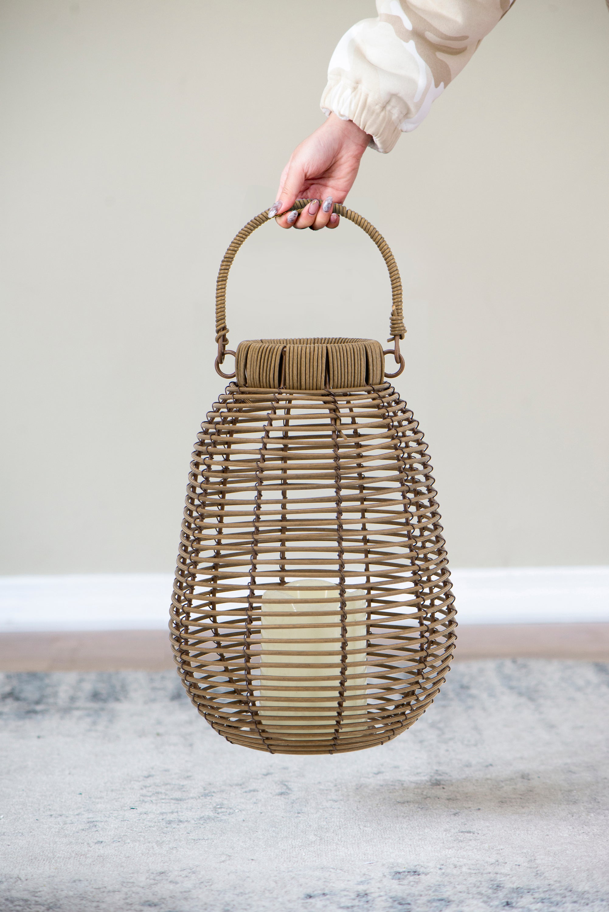 Brown Poly Rattan Lantern With White LED Candle