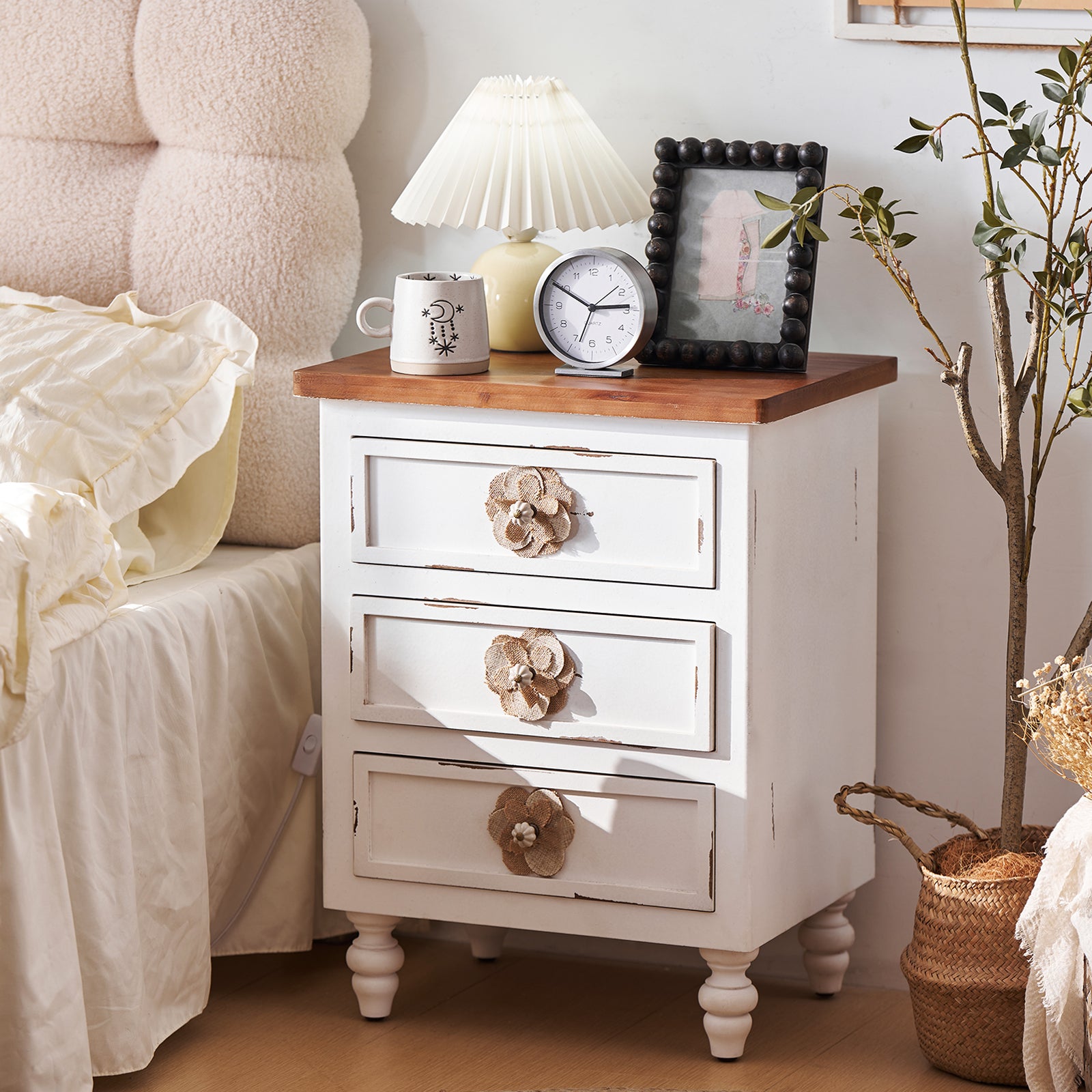 Vintage Farmhouse End Table with Floral Knobs