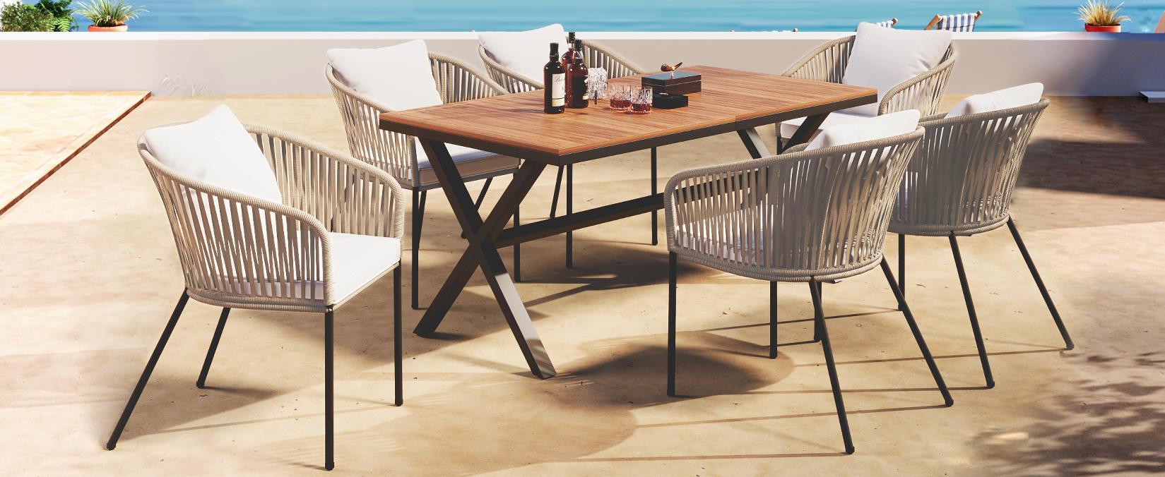 Exalted 7-Piece Outdoor Dining Set with Curved Back Chair and Rectangle Table