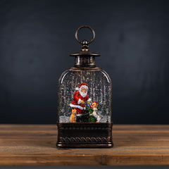 LED Snow Globe Lantern with Santa and Dog 11.25"