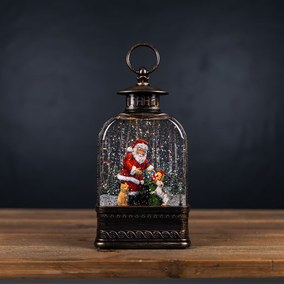 LED Snow Globe Lantern with Santa and Dog 11.25"