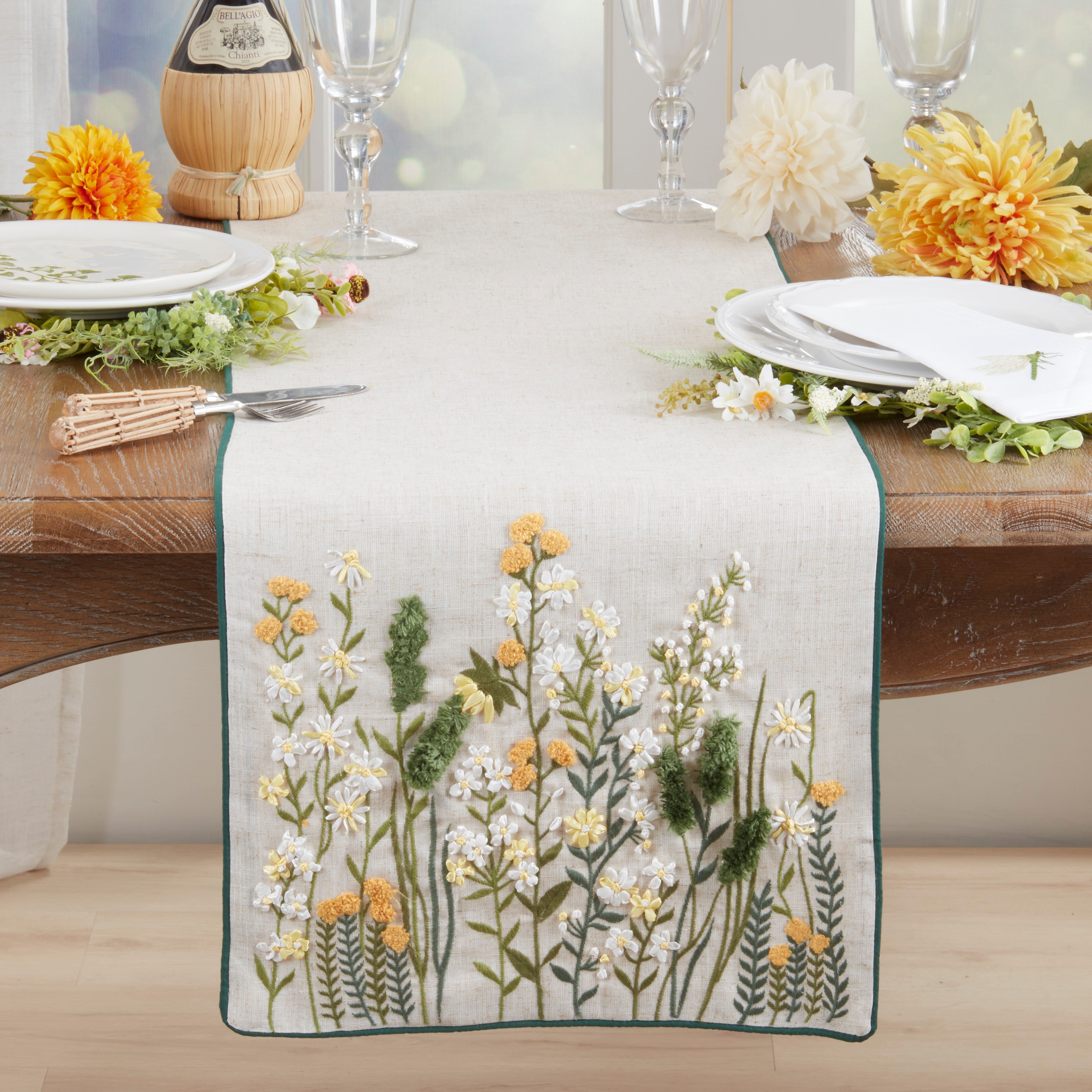 Embroidered Floral Linen Blend Table Runner