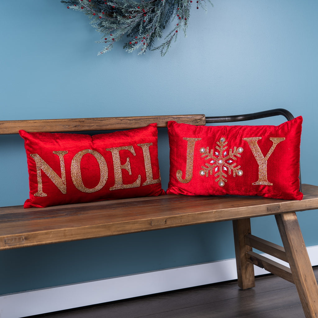 Beaded-Joy-and-Noel-Holiday-Pillow,-Set-of-2-Decorative-Pillows