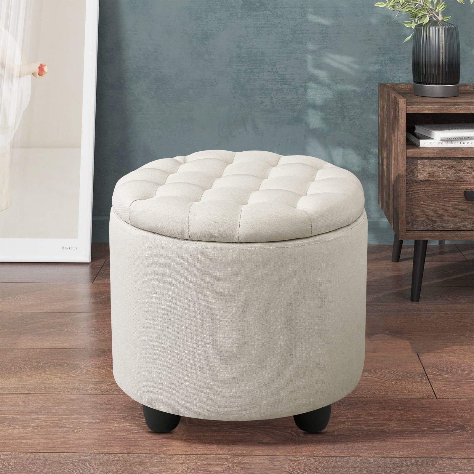Small Upholstered Circle Pouf Footstool with Removable Lid Storage