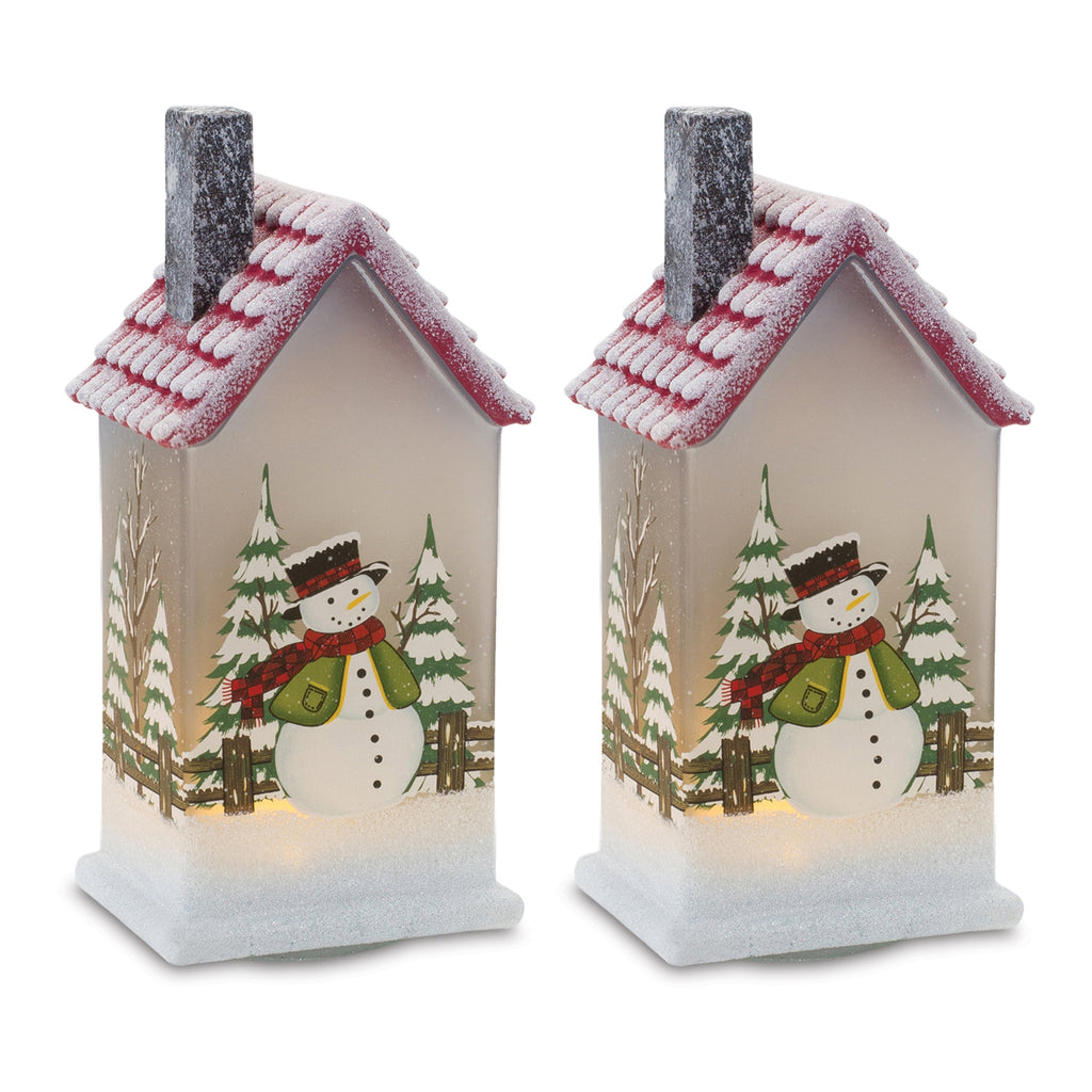 LED Lighted House with Snowman, Set of 2