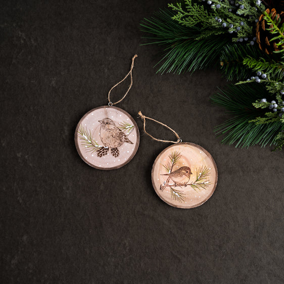 Wood-Bird-Tree-Disc-Ornament,-Set-of-12-Ornaments