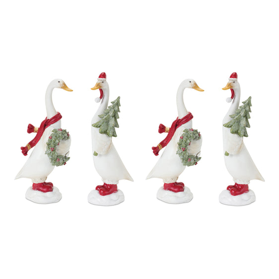 Holiday Goose Figurine with Wreath and Tree Accent, Set of 2