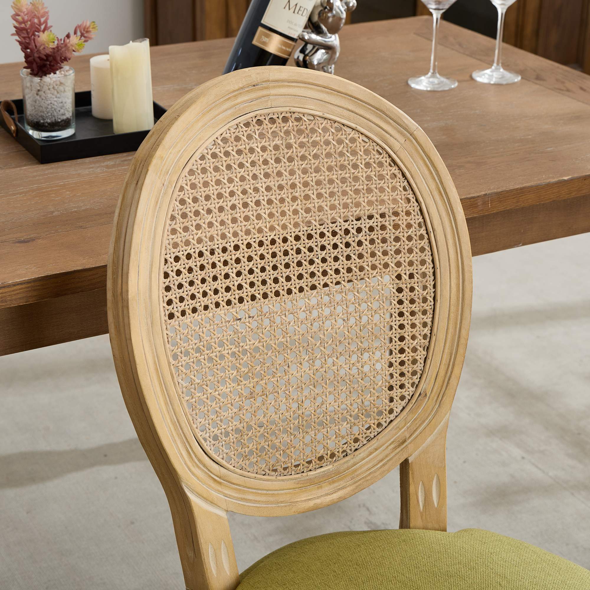 French Country Dining Chairs with Round Rattan Backrest, Set of 2