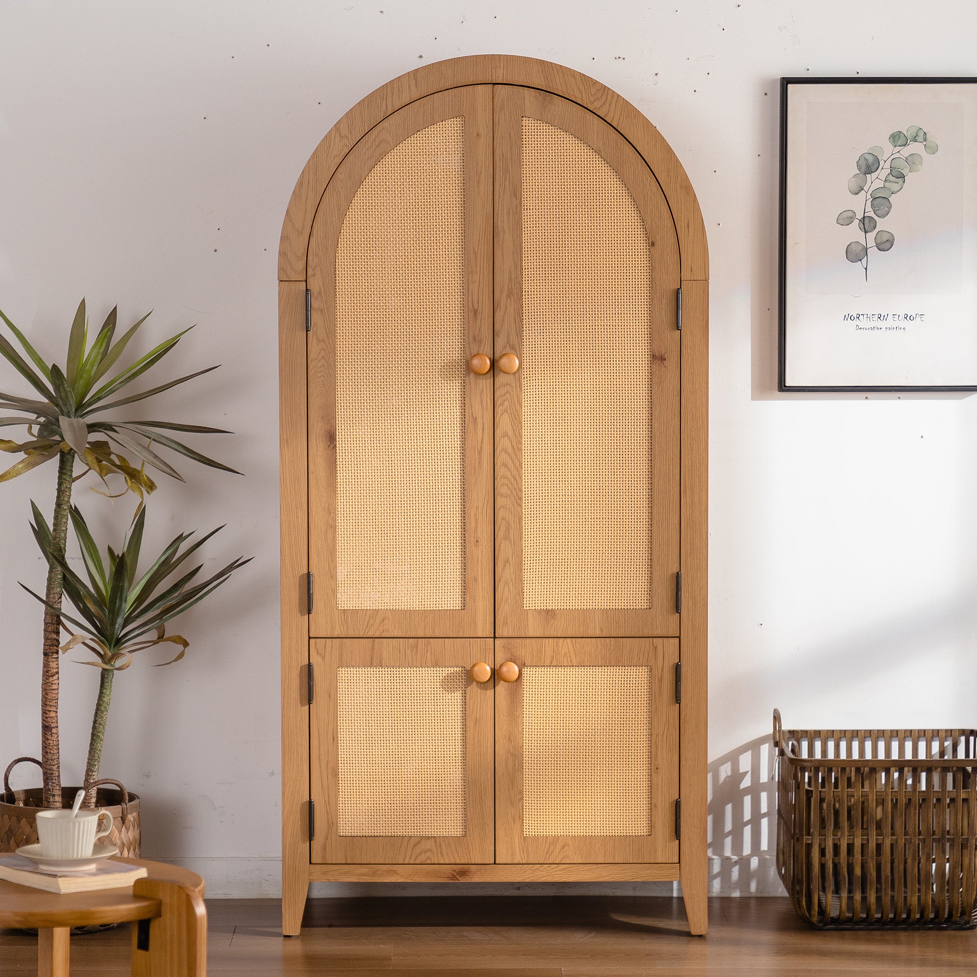 Arched Bookcase Rattan Storage Cabinet with Doors & Adjustable Shelves