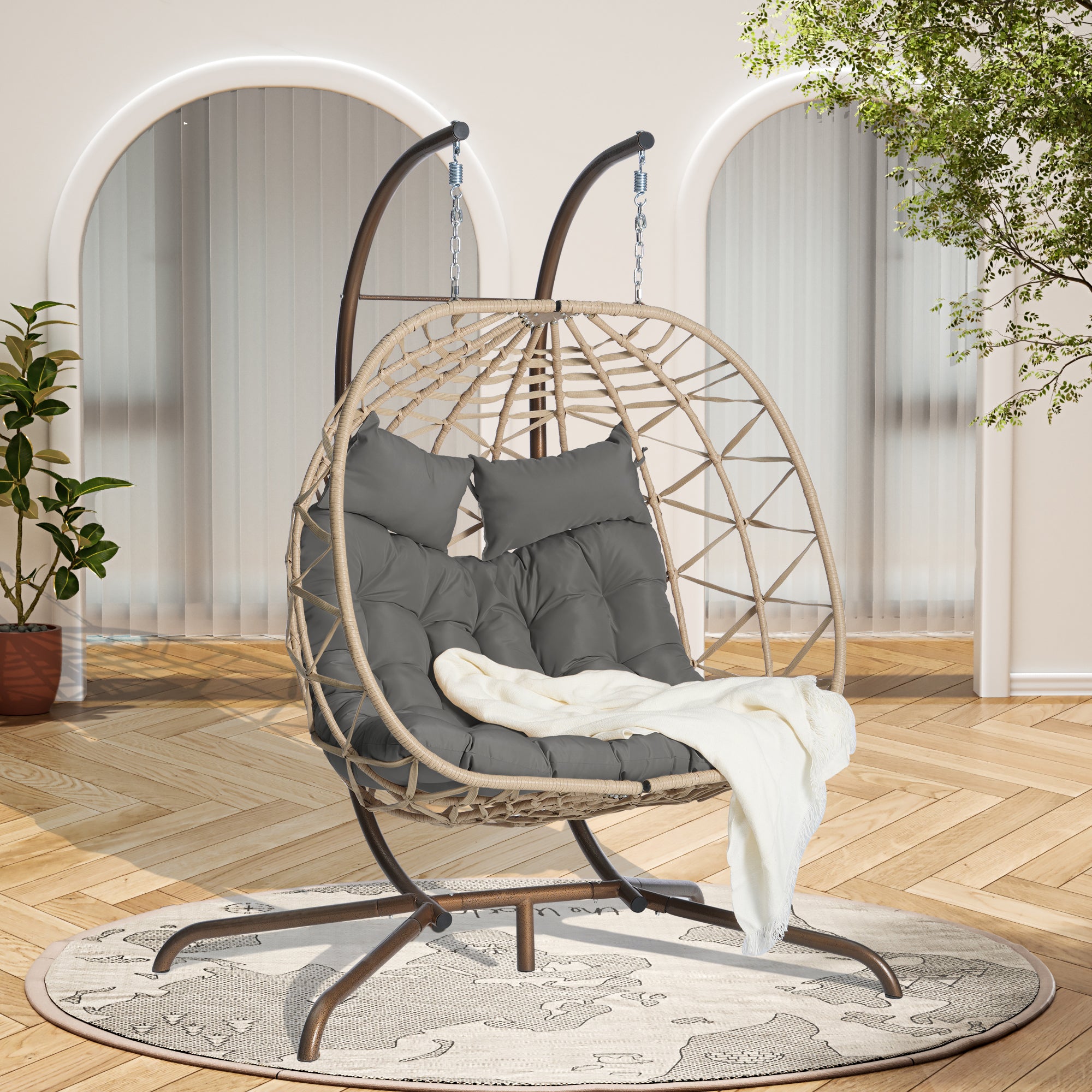 2-Person Outdoor Wicker Rattan Egg Chair with Stand Hanging