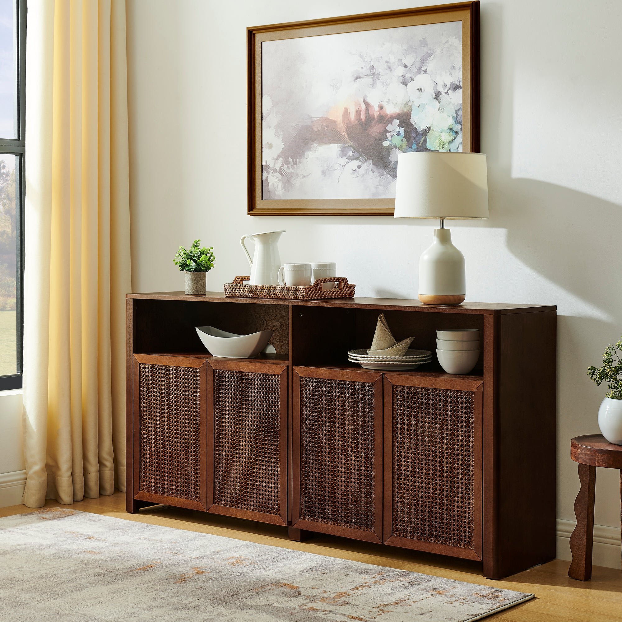 63" Mid-Century Modern Rattan Sideboard Buffet Storage Cabinet