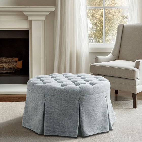 32" Upholstered Ottoman with Button Tufted Top and Round Shape