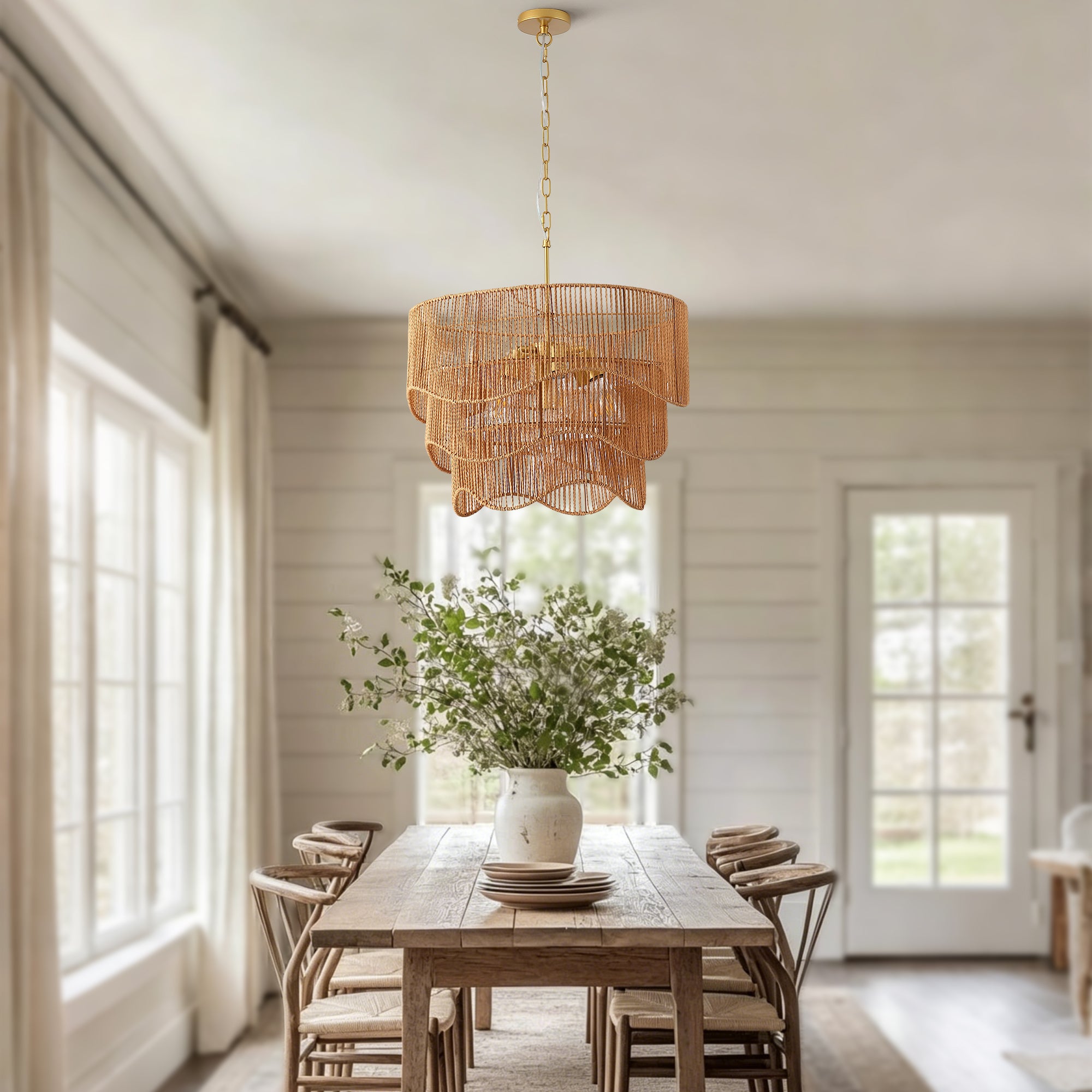 Handwoven Rattan Boho Wave Pendant Chandelier with 7-Lights