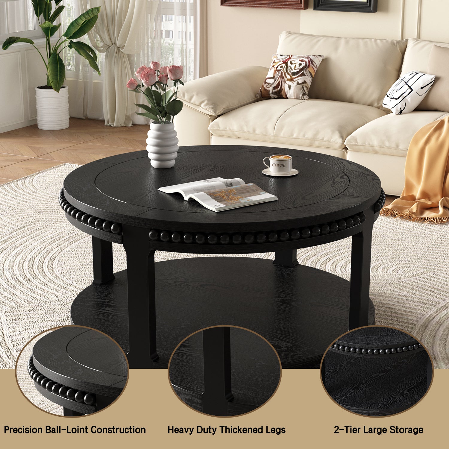 Round Solid Wood Coffee Table with Beaded Accent Edge