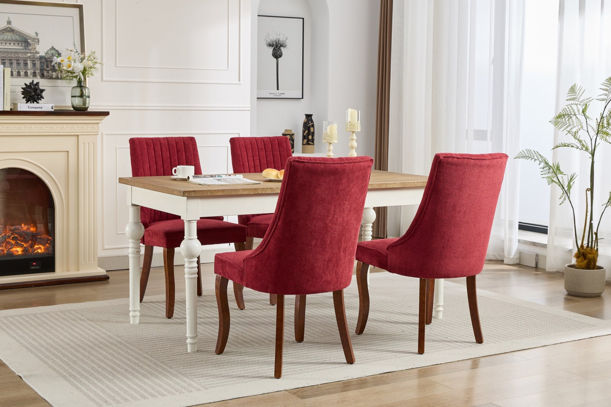 Rayon Cloth Flocking Linen Dining Chairs Channel Kitchen Dinner Chair Comfy Fabric Upholstered Accent Chair for Dining Room with Curved Solid Wood Legs,Set of 2 (Wine Red), SW1847WR