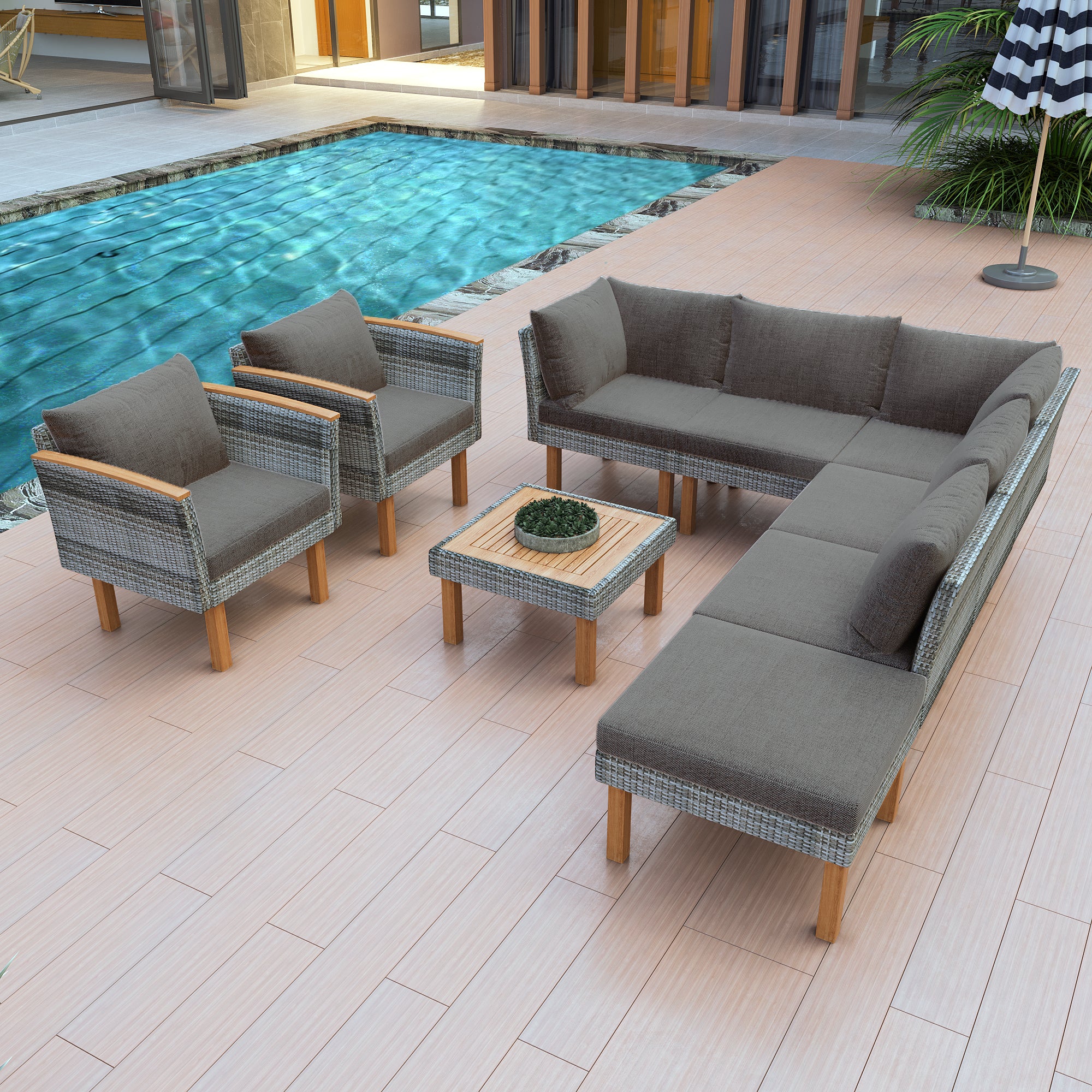 9-Piece Outdoor PE Rattan Conversation Set With Acacia Wood Legs and Tabletop