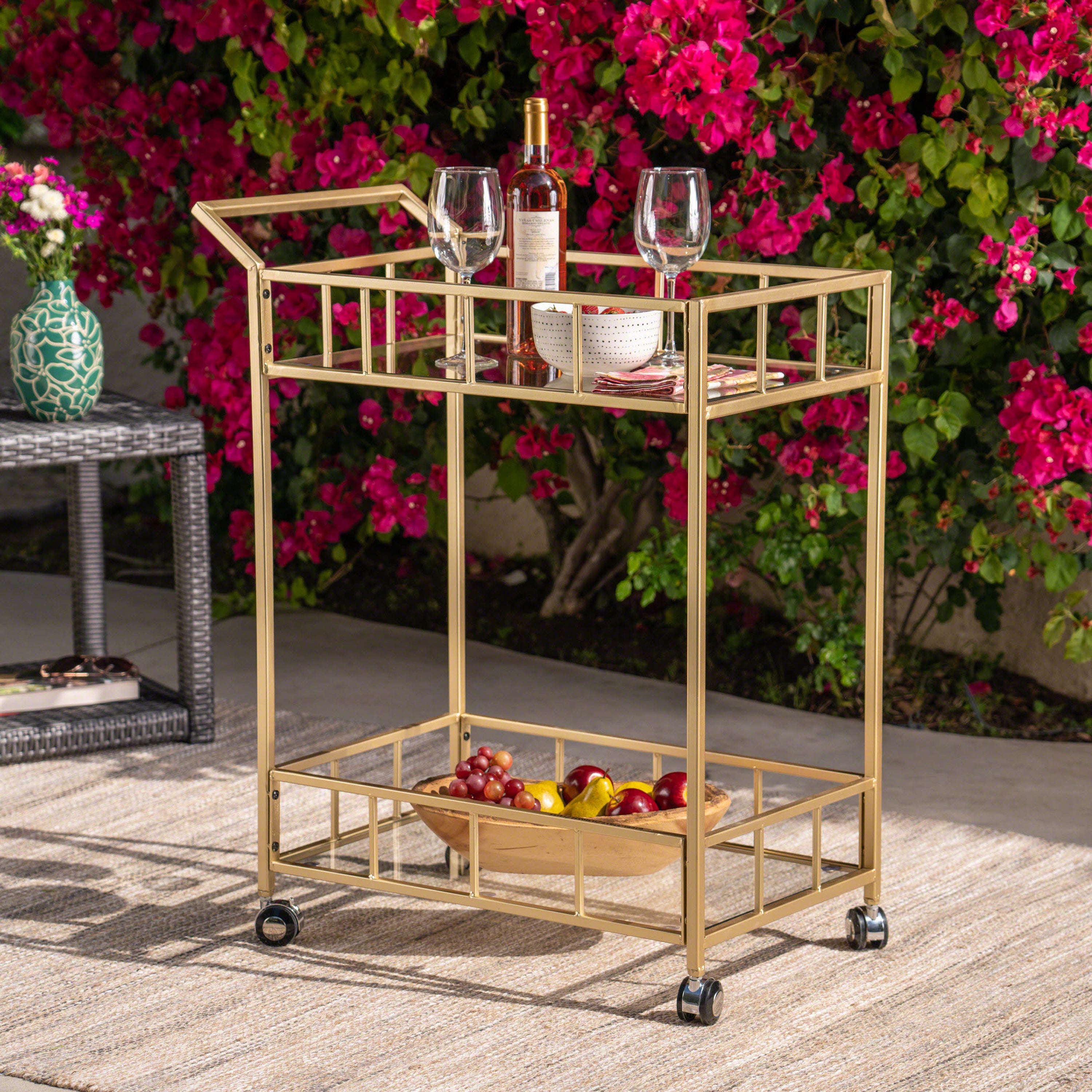 Outdoor Metal Bar Cart with 2 Tempered Glass Shelves and Rolling Casters