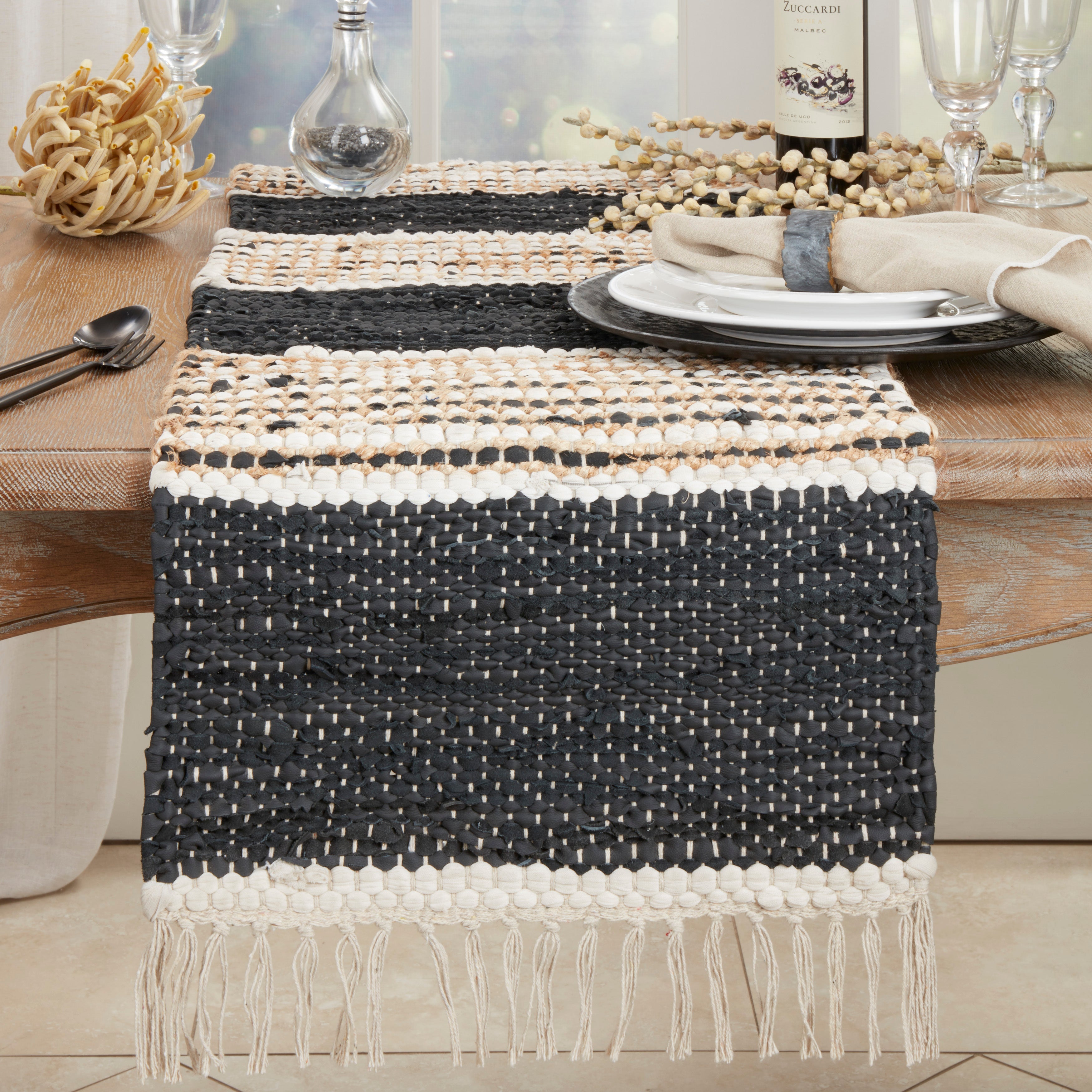 Boho Leather Chindi Fringed Table Runner