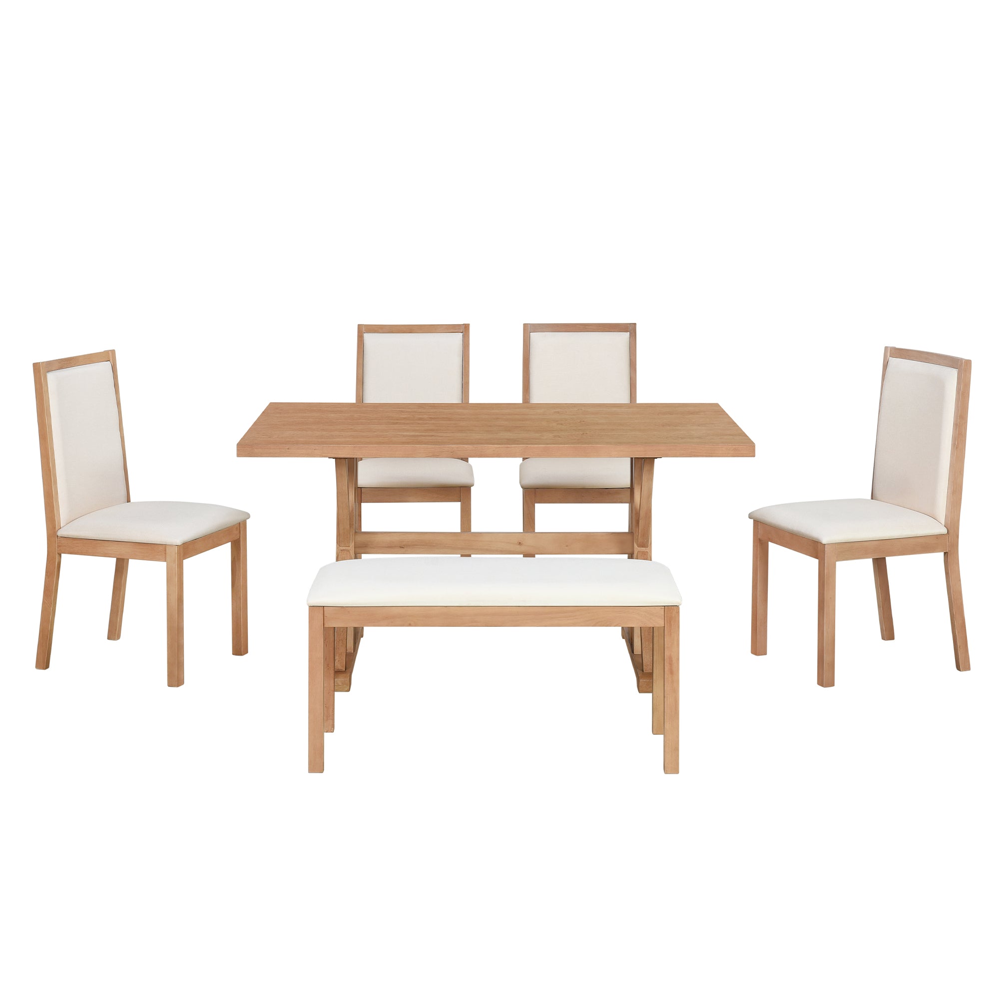 6-Piece Dining Set with Trestle Base, Upholstered Dining Bench and 4 Chairs