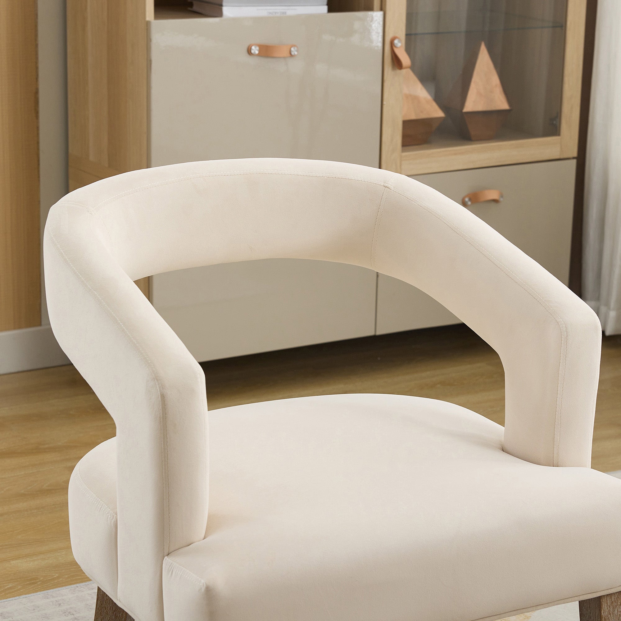 Open-Back Barrel Accent Chair with Velvet Upholstery and Weathered Solid Wood Legs