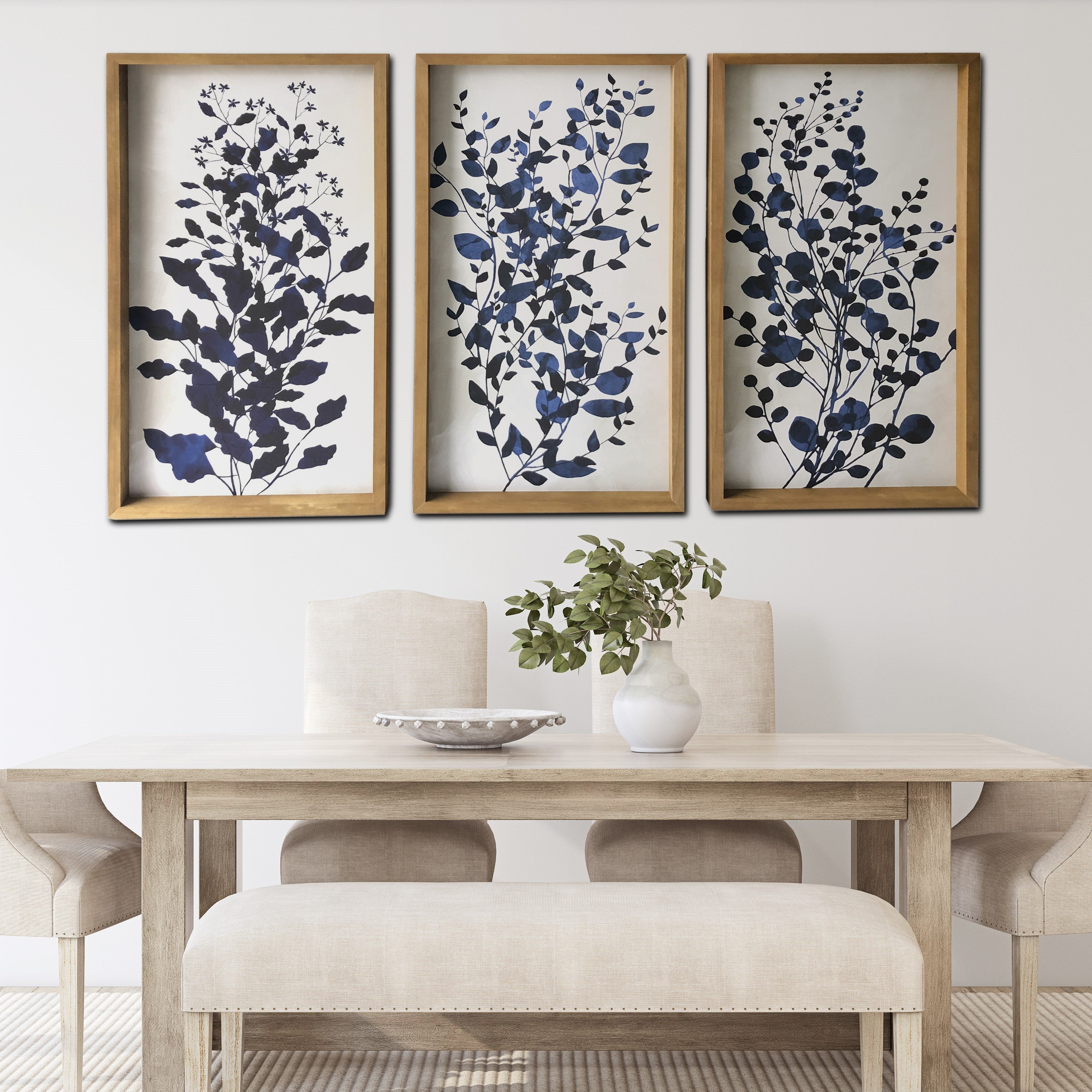 Blue Branches 3-Piece Large Print on Wood Framed Canvas Wall Art, 48"x30"