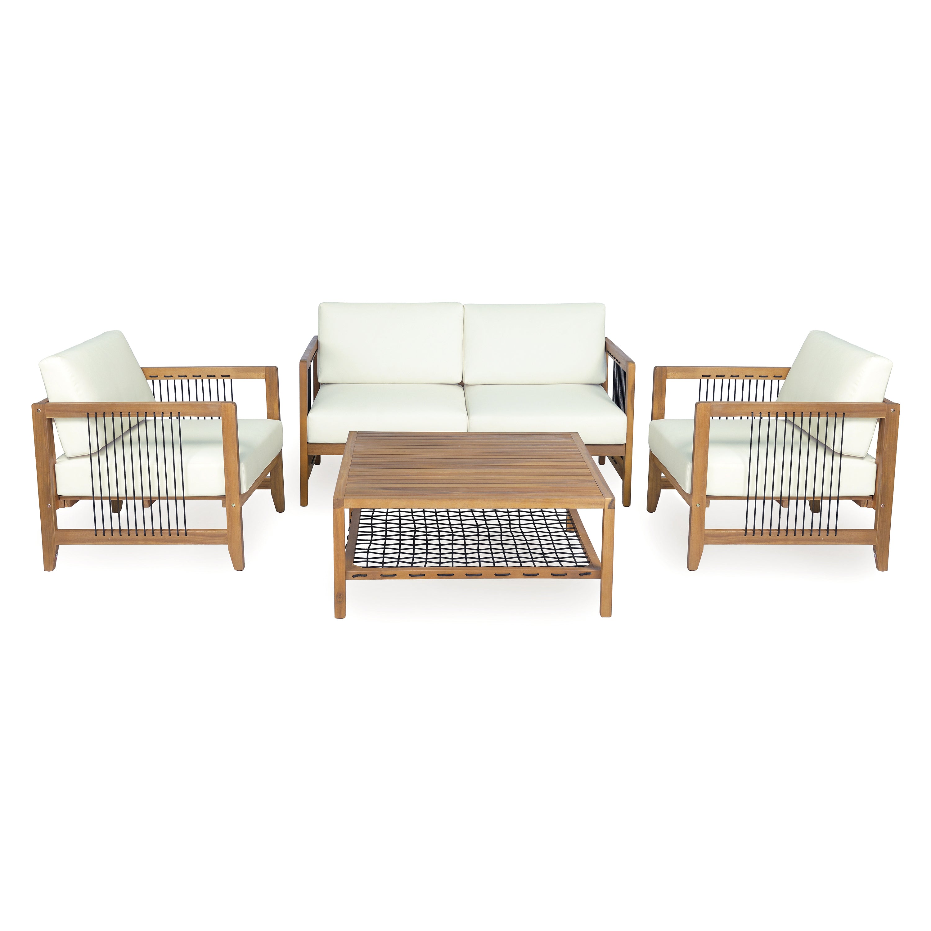 Sierra 4-Piece Acacia Wood Outdoor Patio Sofa Set with Black Rope Accents, Water-Resistant Cushions