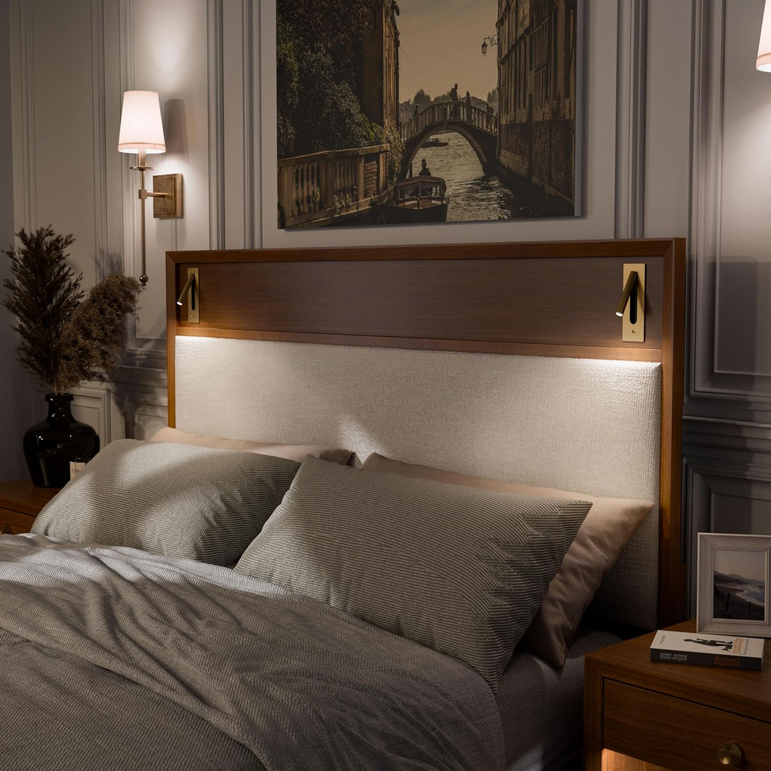 Edison Mid-Century Modern Upholstered Bed with Reading Light