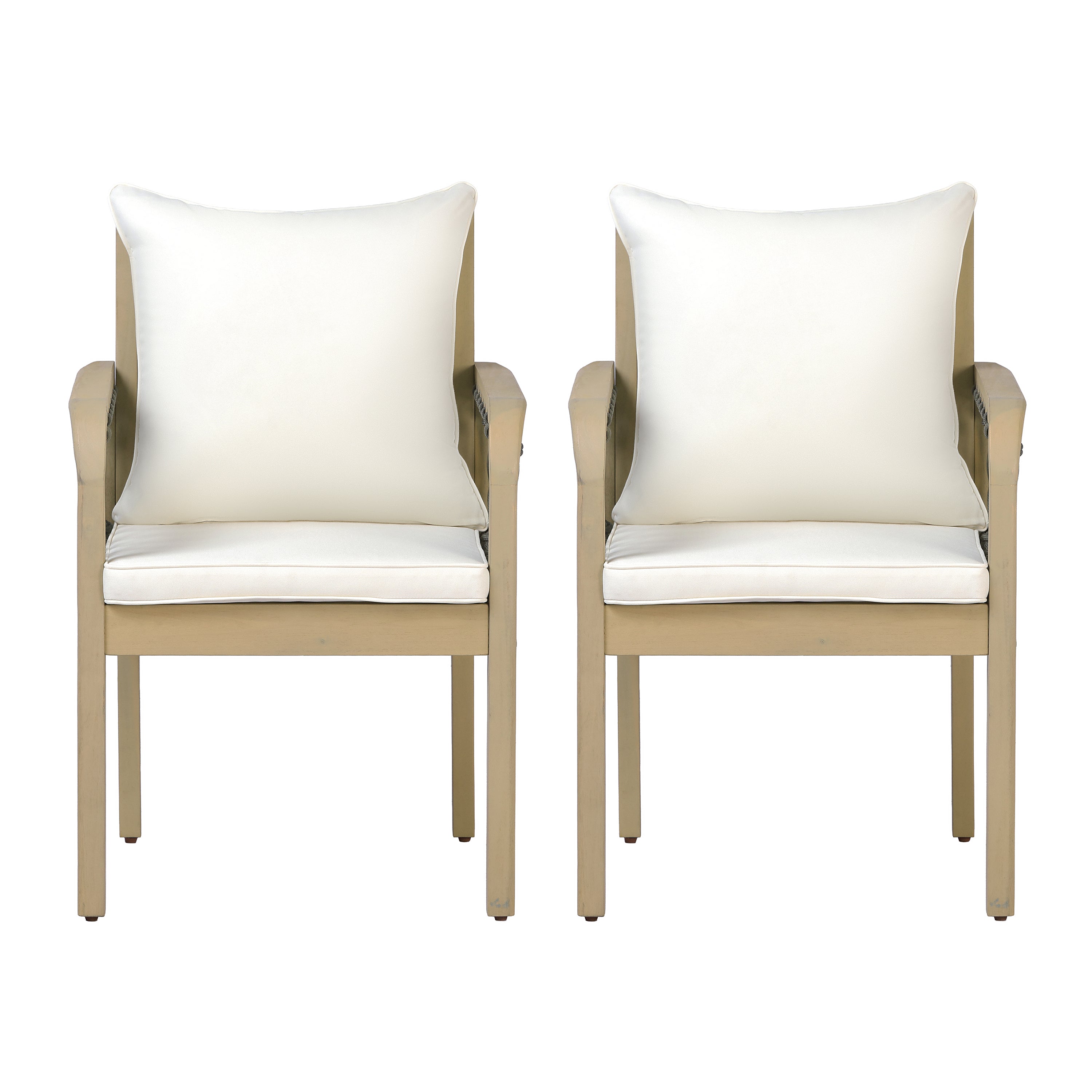 Outdoor Patio Acacia Wood Chairs With Woven Rope Arms(Set of 2), Weather-Resistant Cushions,Light teak+Dark grey rope+Cream beige cushion