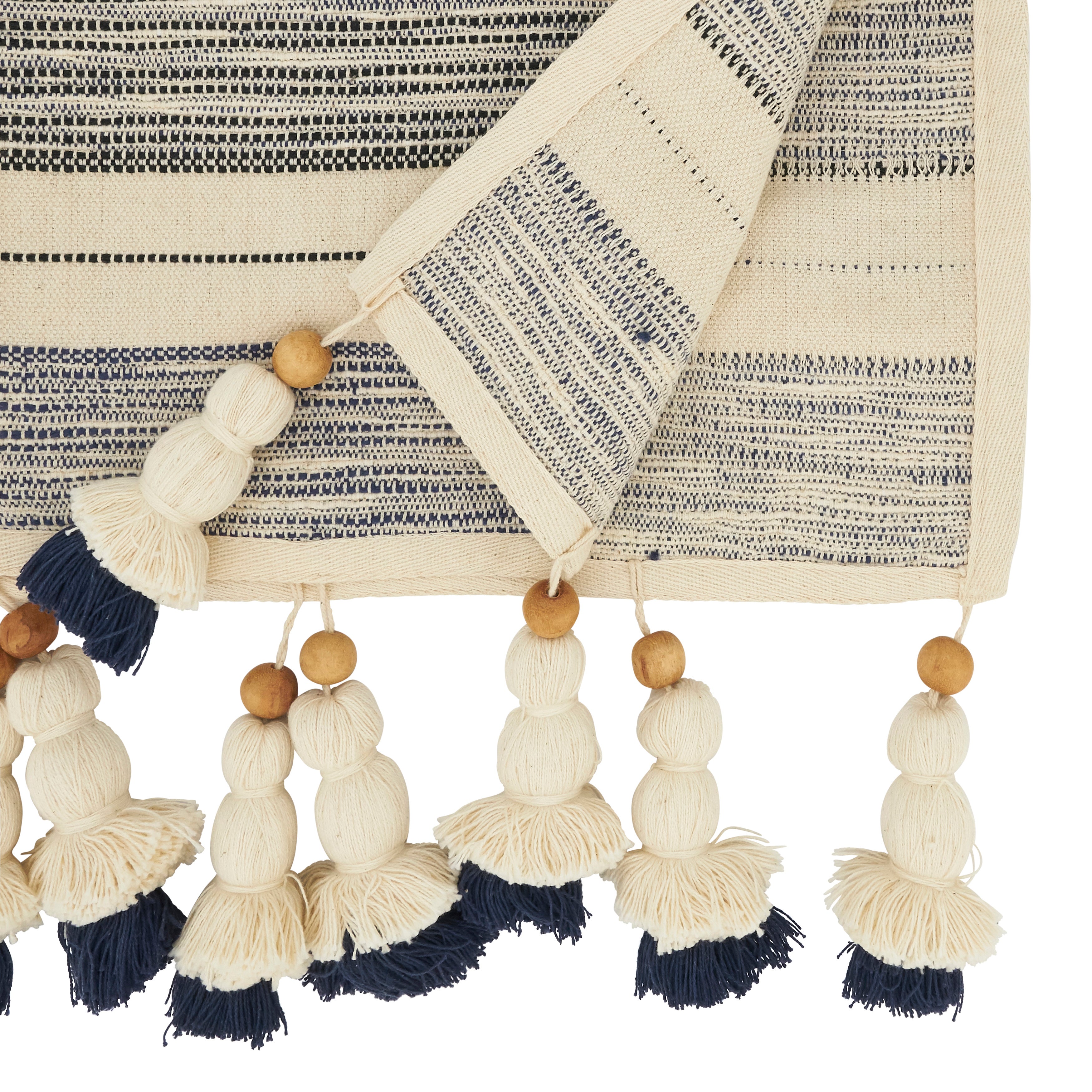 Wooden Beaded Tassel Stripe Table Runner