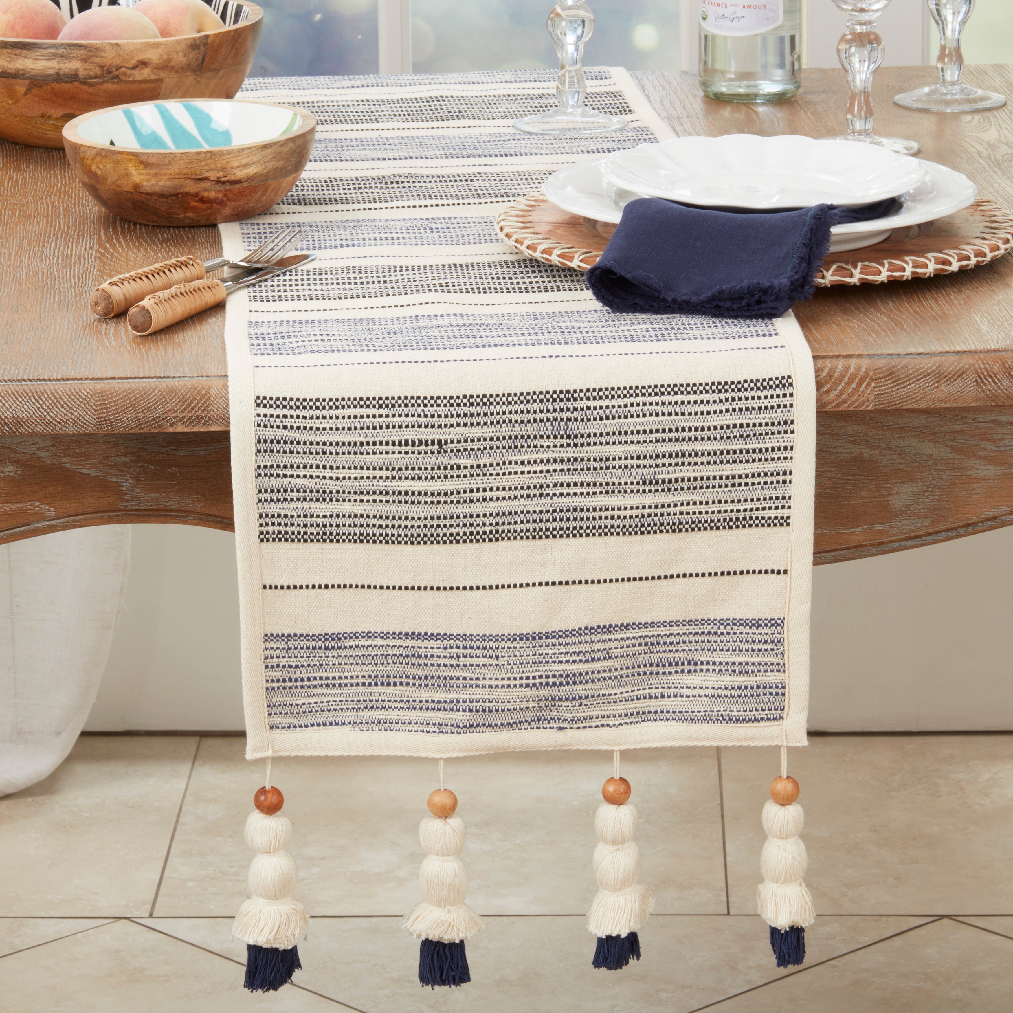 Wooden Beaded Tassel Stripe Table Runner