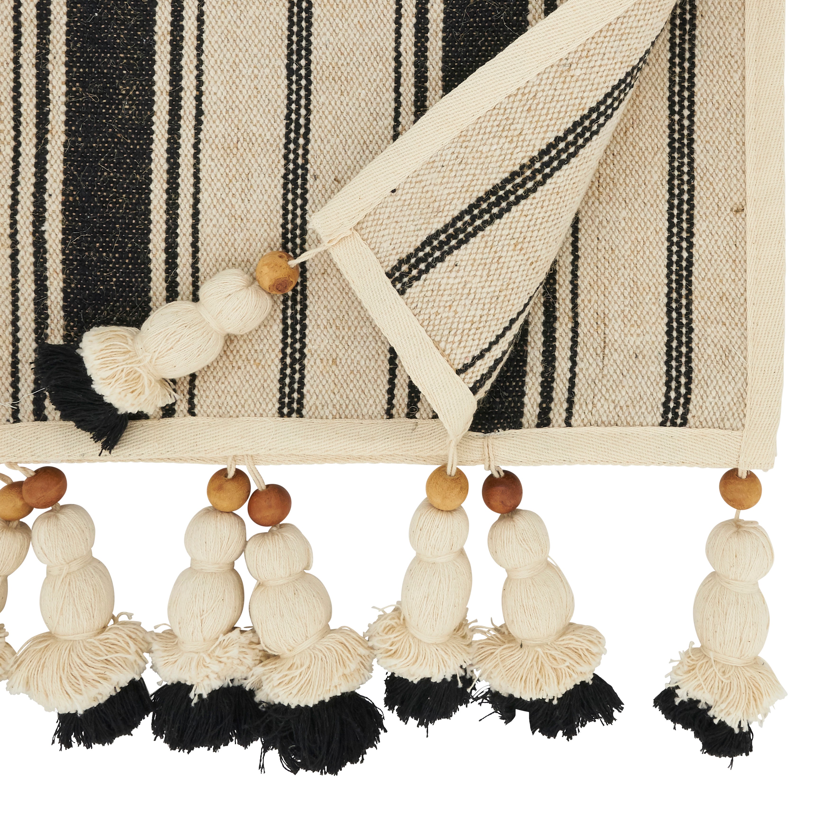 Wood Bead Tassel Trimmed Stripe Table Runner