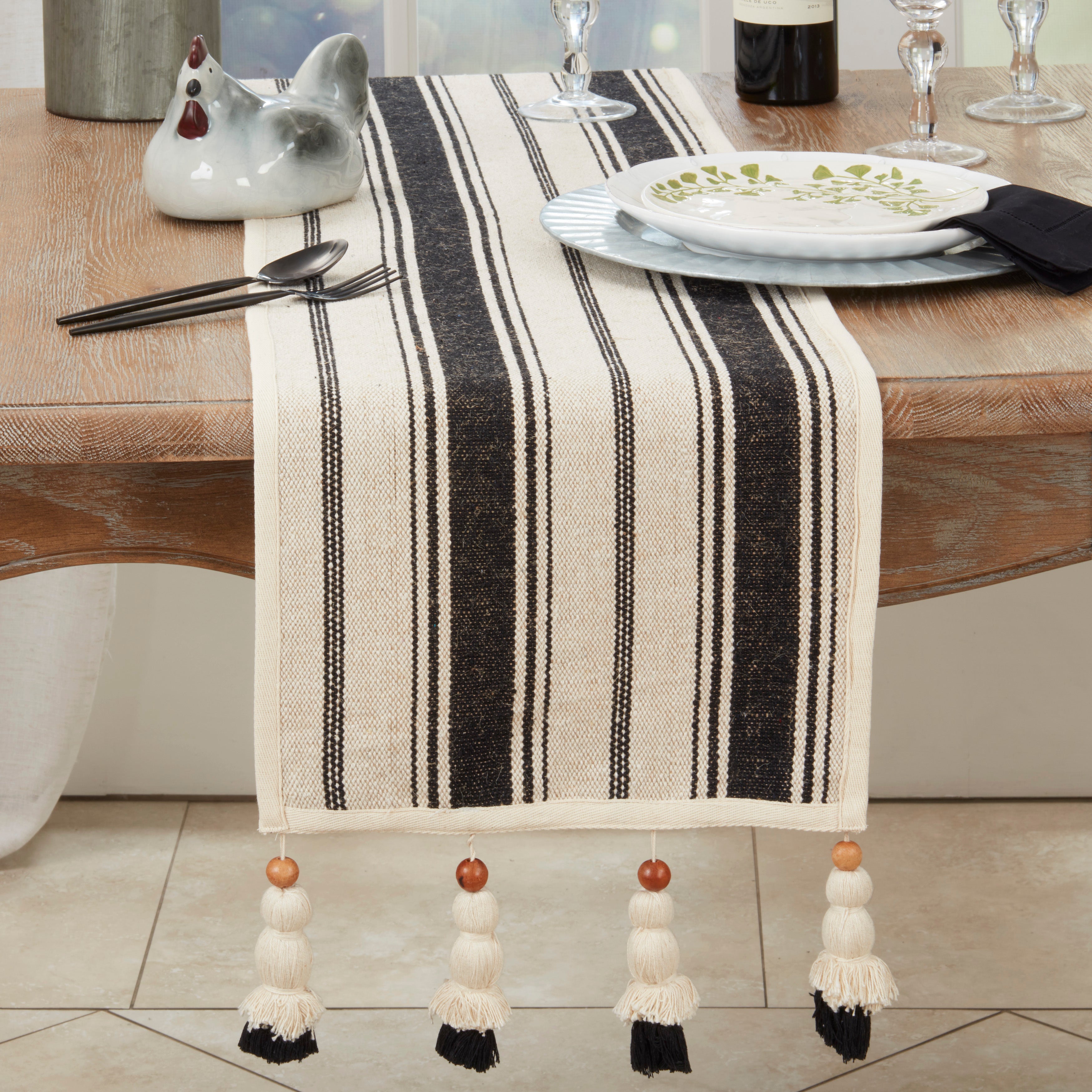 Wood Bead Tassel Trimmed Stripe Table Runner
