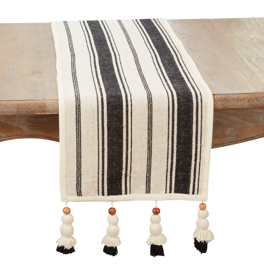 Wood Bead Tassel Trimmed Stripe Table Runner