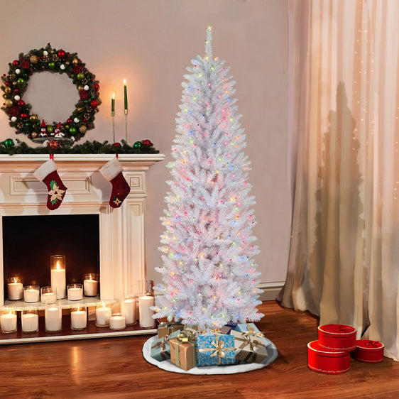 6.5 ft Pre-lit White Fraser Fir Pencil Artificial Christmas Tree with Multi-Color Lights & Metal Stand