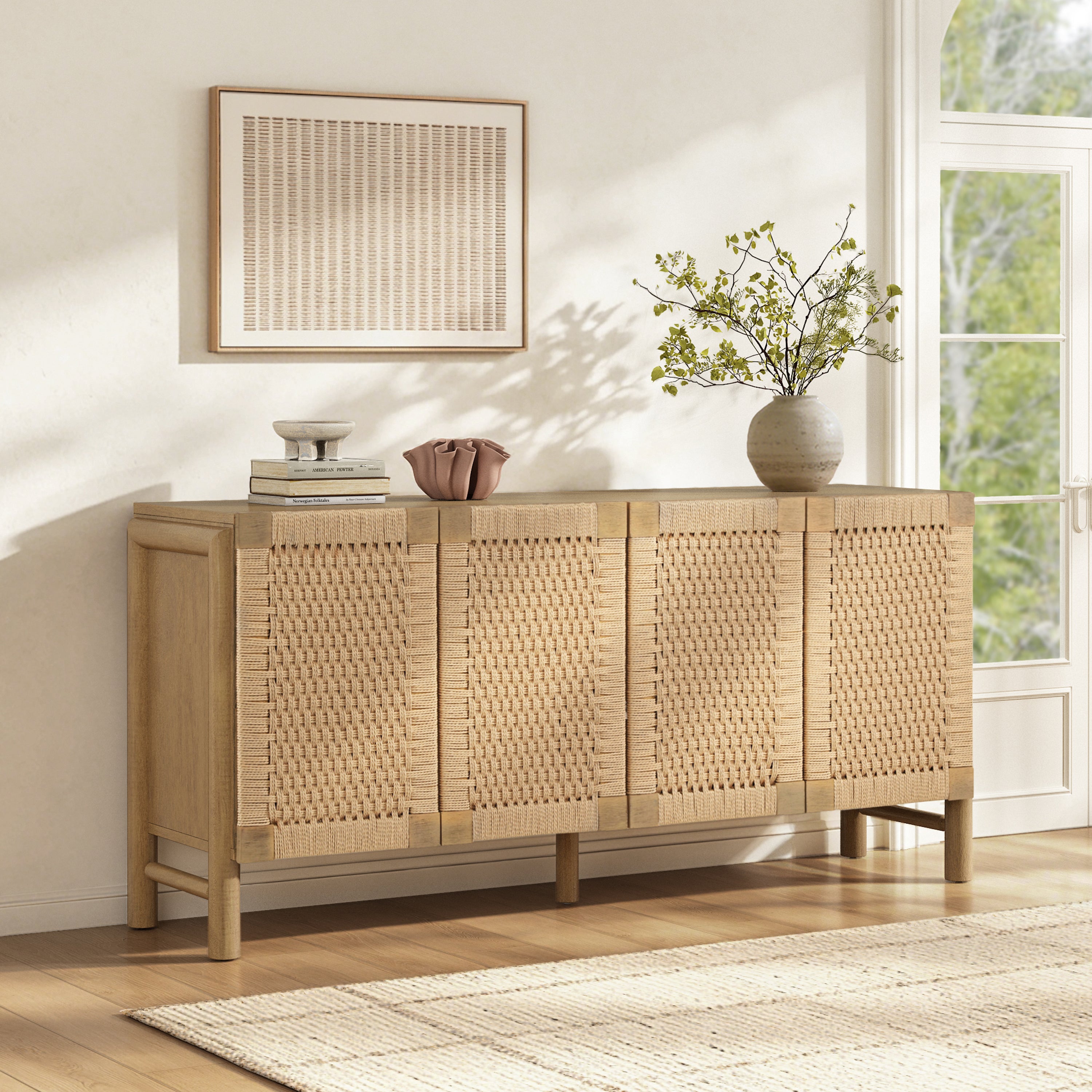 Natural Farmhouse Cabinet with Handwoven Paper Rope Doors, Solid Wood Legs and Natural Finish, for Hallway, Entryway or Living Room
