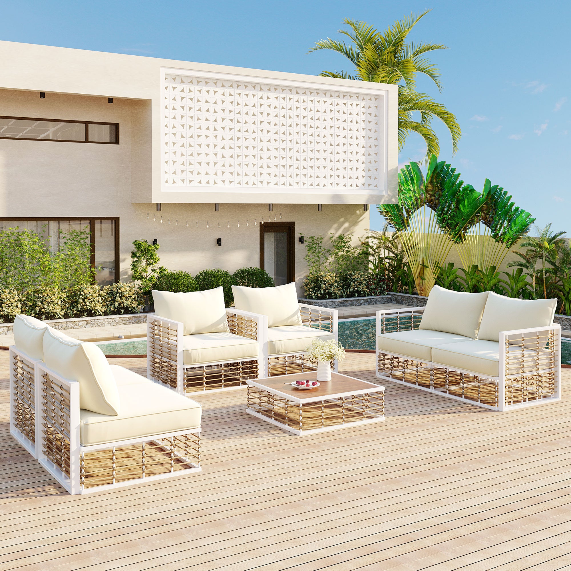 Modern Minimalist 7-Piece Metal All-Weather Conversational Furniture Set with Thick Cushions and Coffee Table