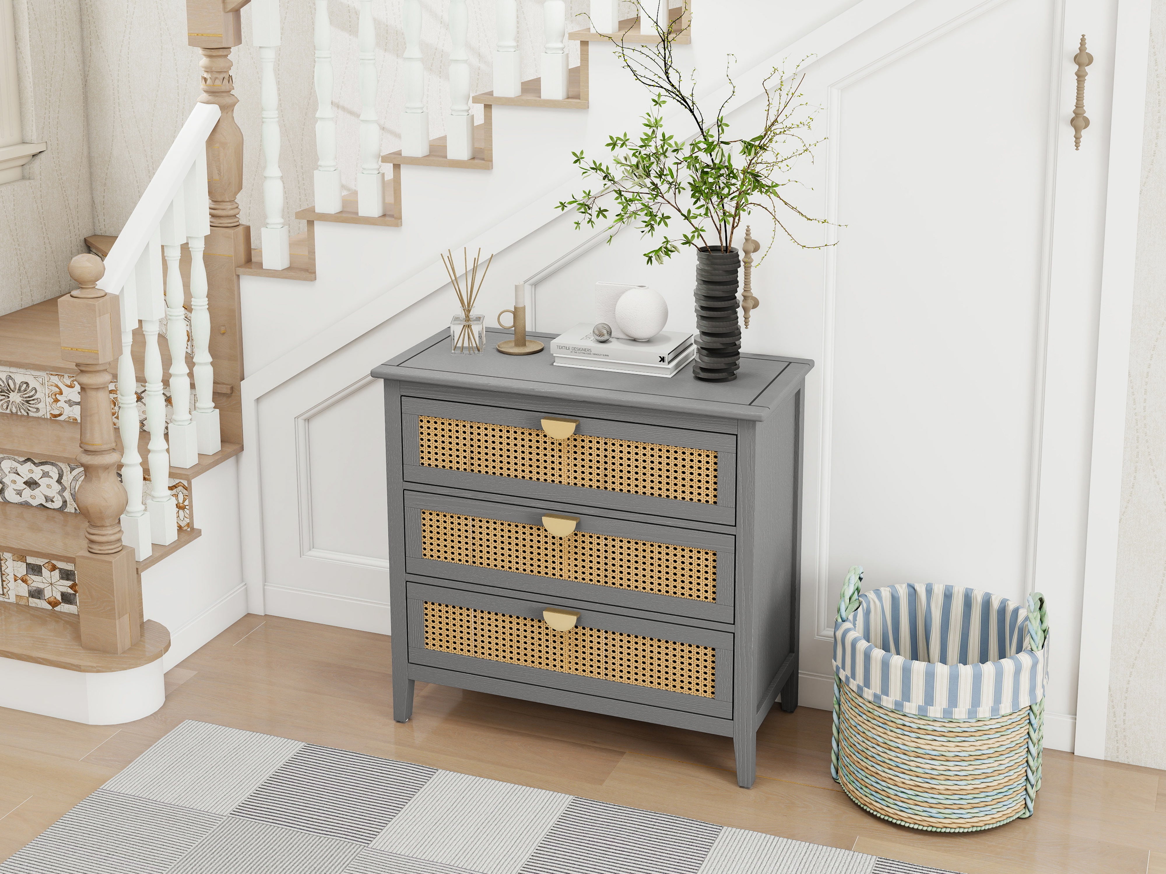 3 Drawer Cabinet with Natural Rattan Drawers