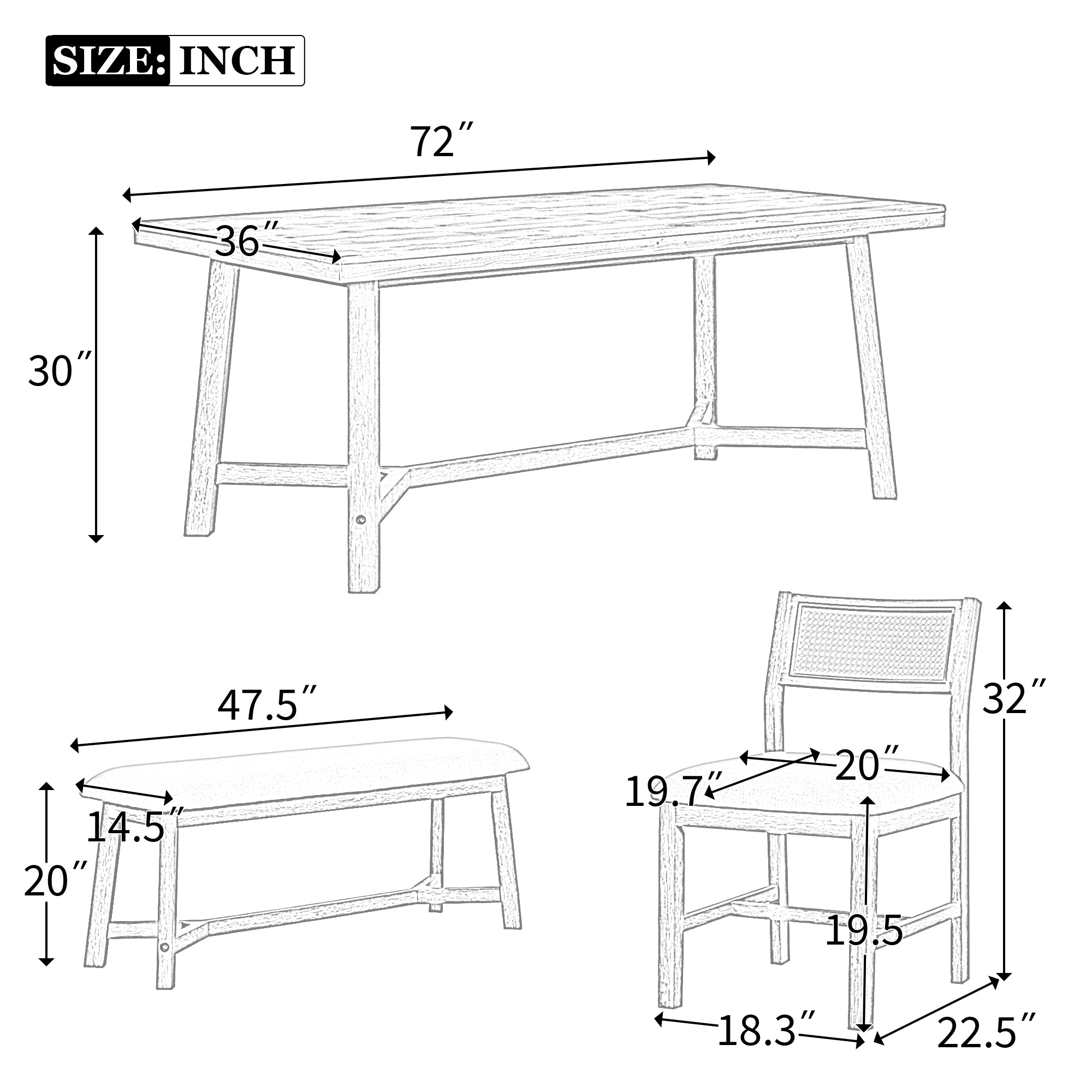 6-Piece Dining Set with Rectangular Table, 4 Upholstered Chairs and Bench