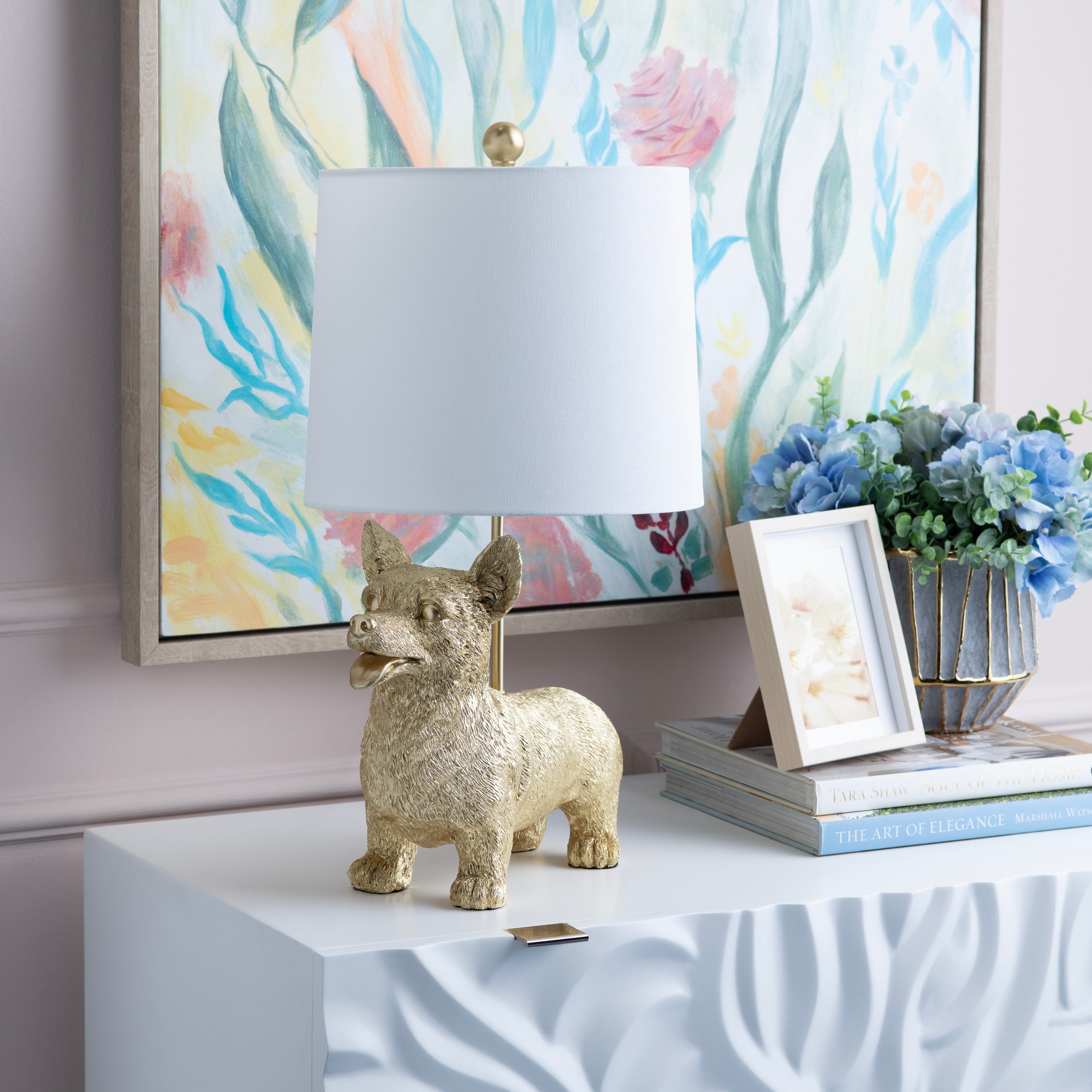 Gold Resin Corgi Dog Table Lamp With Shade
